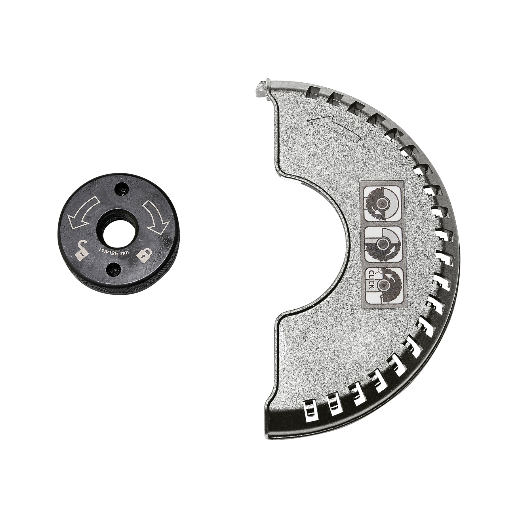 Czarny dysk ze strzałkami i szara, półokrągła osłona ze wskaźnikiem kliknięcia, na białym tle.