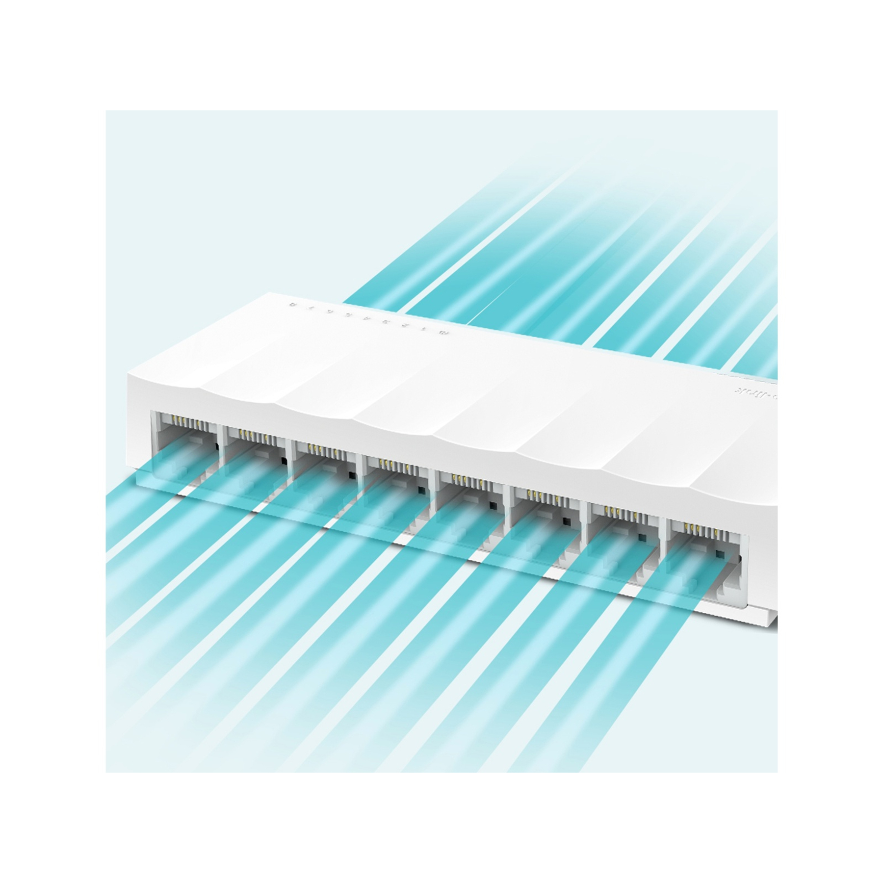 Biały przełącznik sieciowy z wieloma portami. Niebieskie wiązki światła wychodzą z portów.