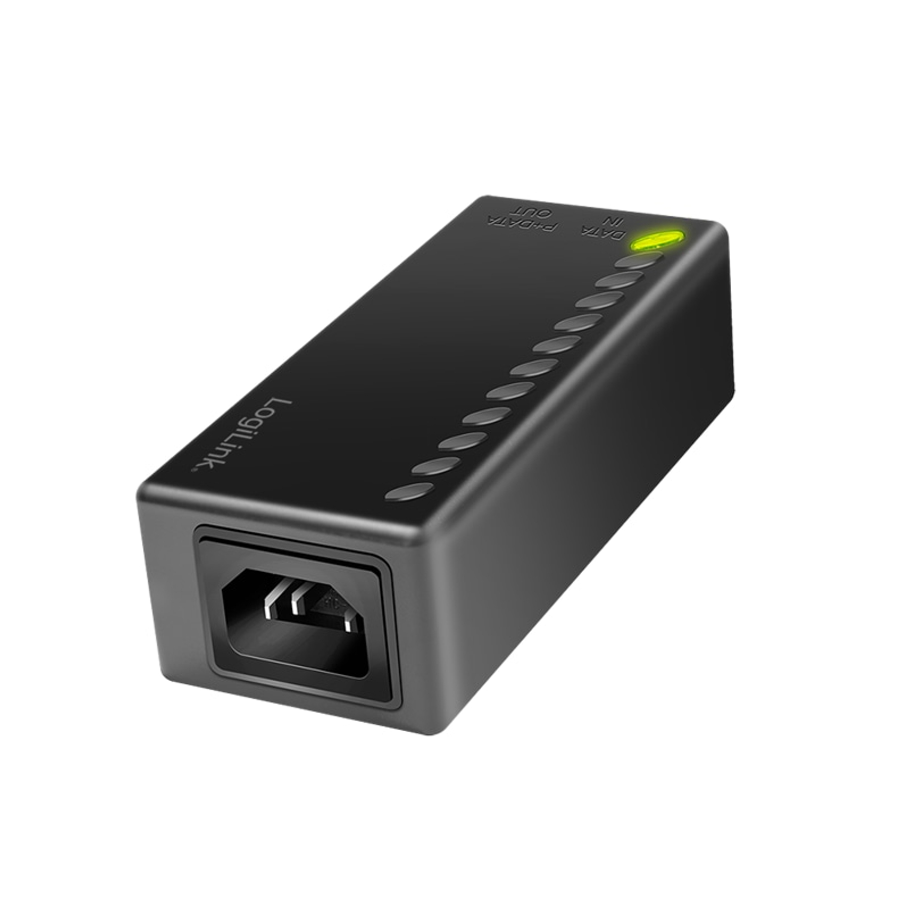 Czarny zasilacz LogiLink z wejściem i wyjściem zasilania. Ma zielone światło i kilka małych świateł.
