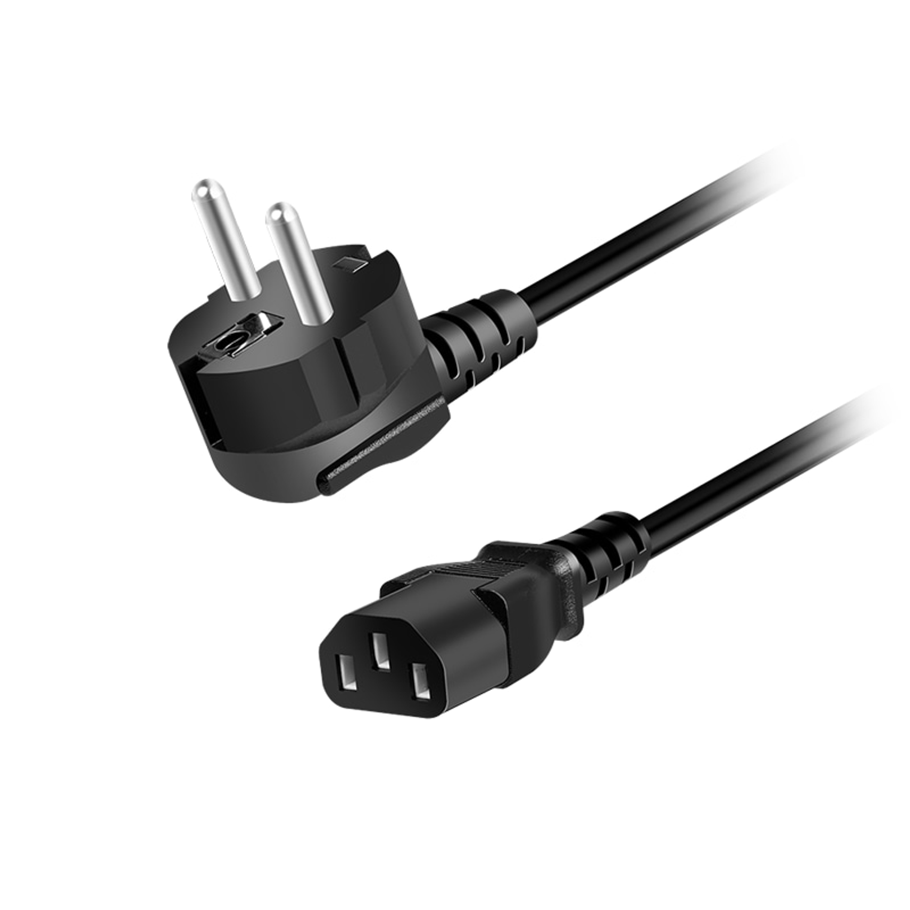 Czarny przewód zasilający z wtyczką męską i żeńską. Wtyczka męska ma dwa piny, żeńska trzy otwory.
