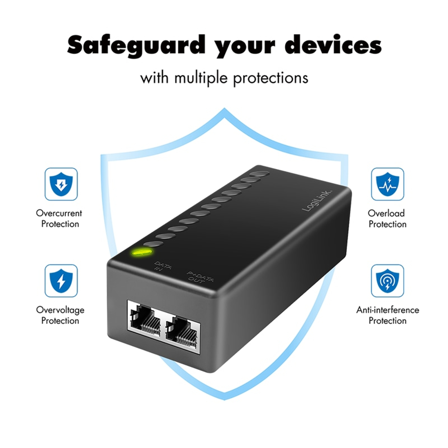 Czarne urządzenie LogiLink z wieloma ikonami ochrony i nakładką tekstową. Zabezpiecz swoje urządzenia.