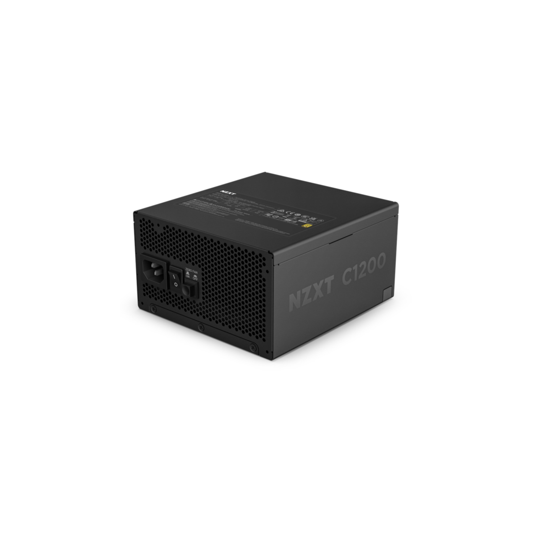 Black NZXT C1200 power supply unit on a white background. It has a perforated front and an on/off switch.