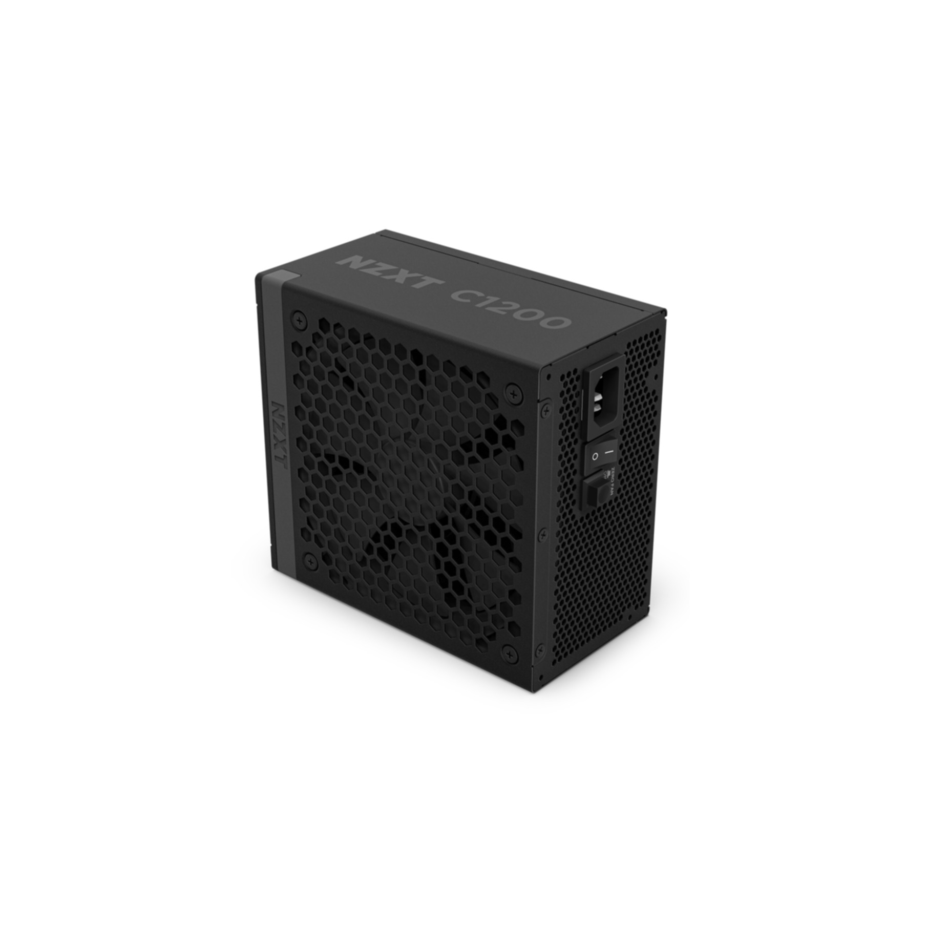 A black NZXT C1200 power supply unit. It has a honeycomb grill and a power button.