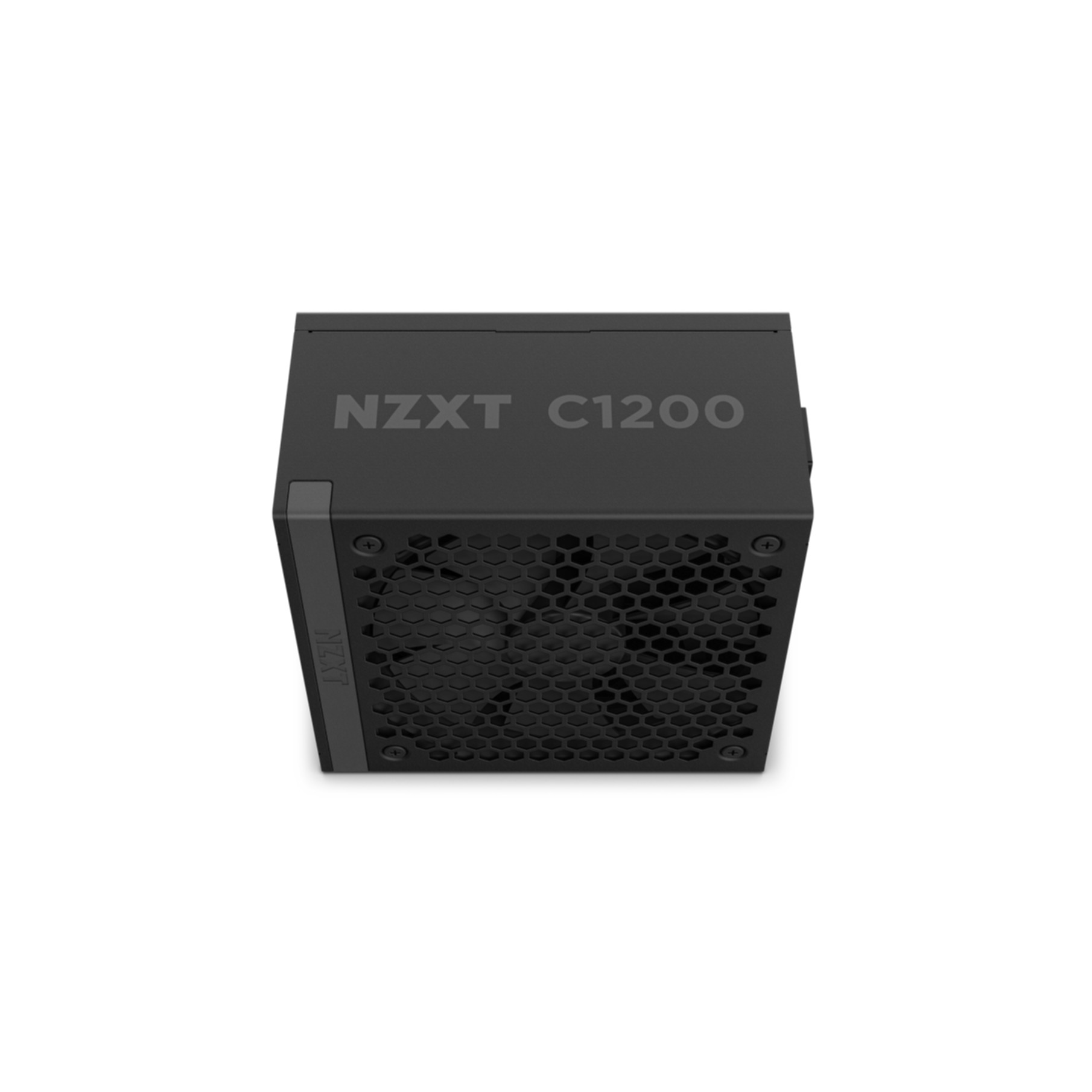 A black NZXT C1200 power supply unit. The top features the model name. A honeycomb vent is visible.