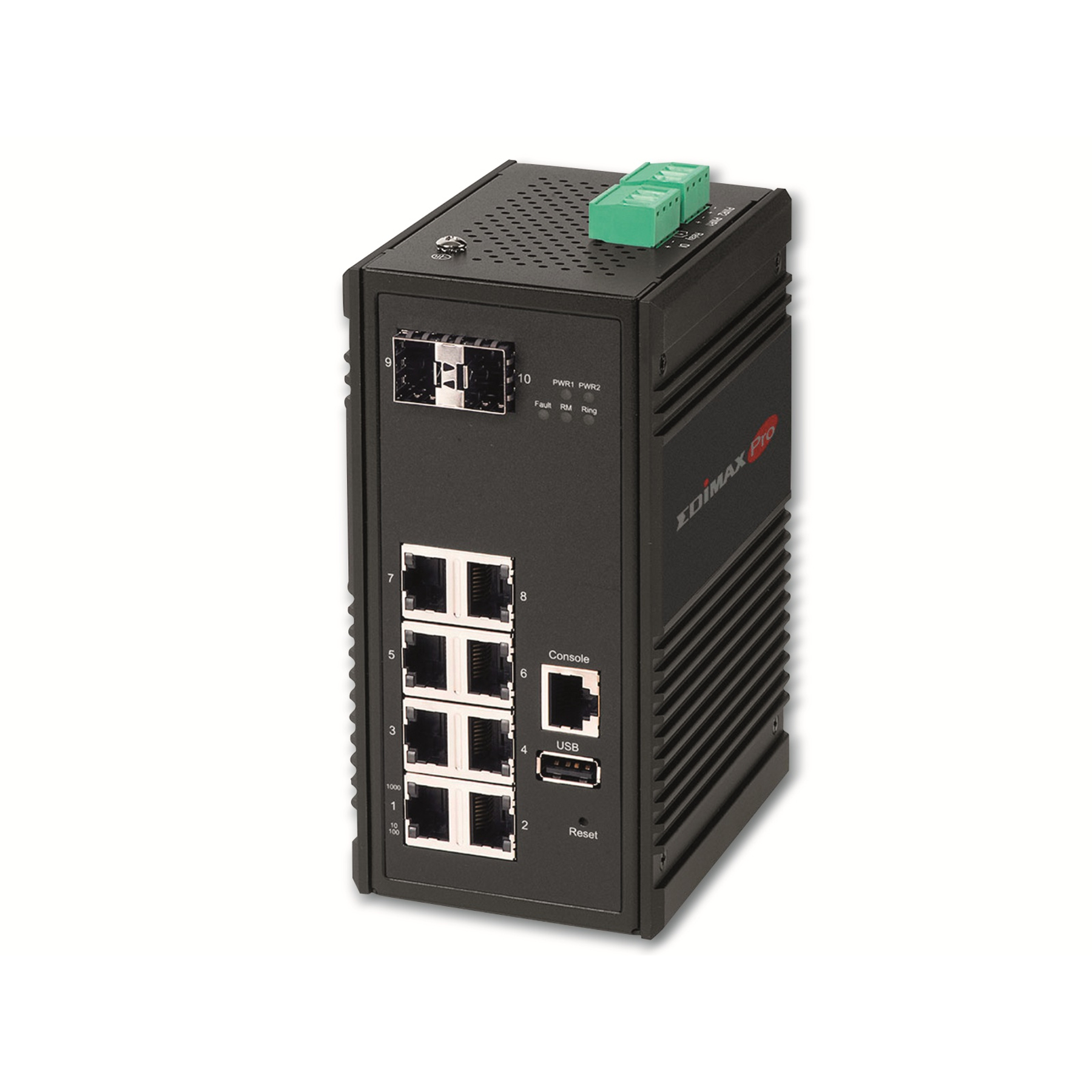 Dispositivo di rete EDIMAX Pro nero con porte, una porta USB e connettori verdi sopra, su sfondo bianco.