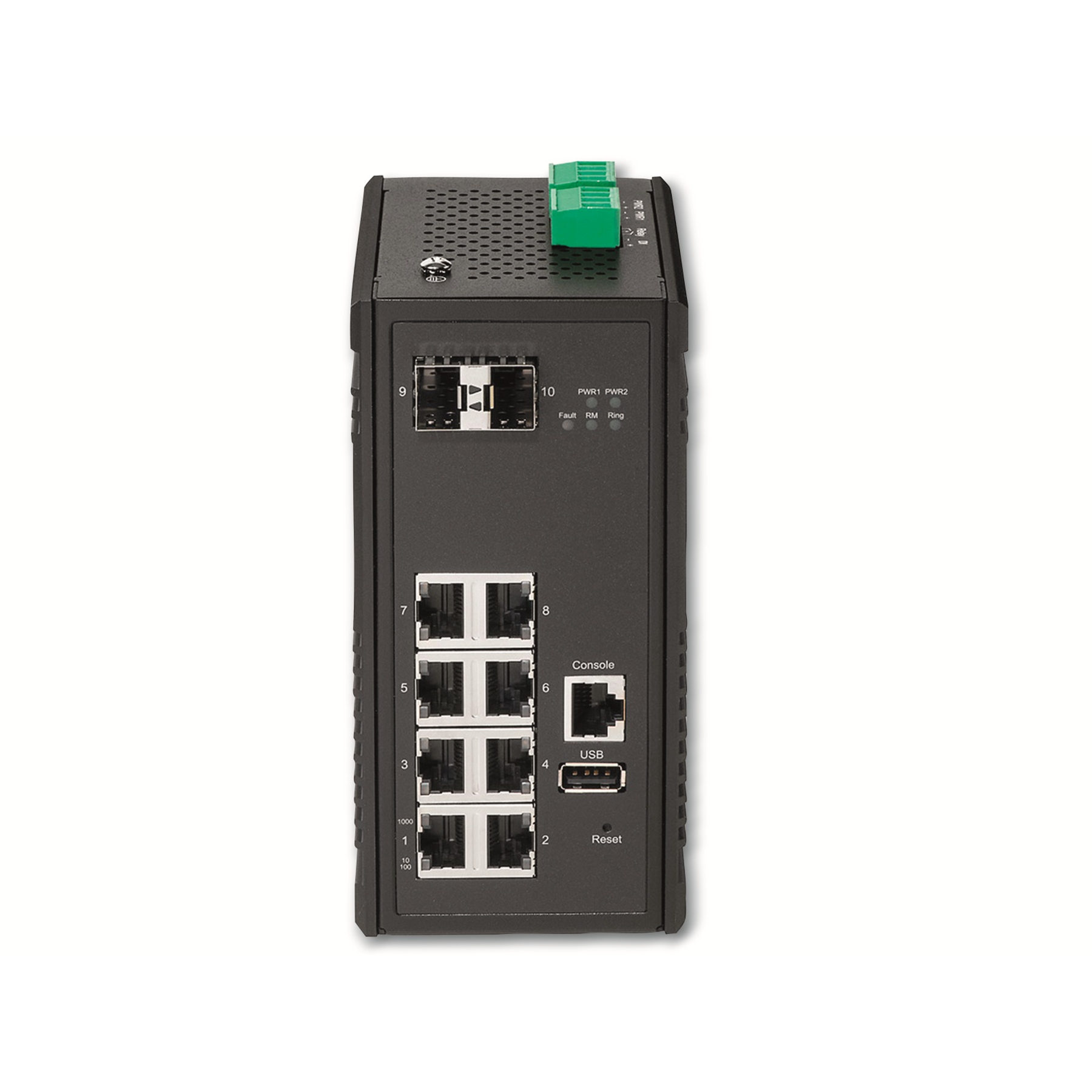 Uno switch di rete nero con più porte, numerate. Morsettiera verde in alto. Sfondo bianco.