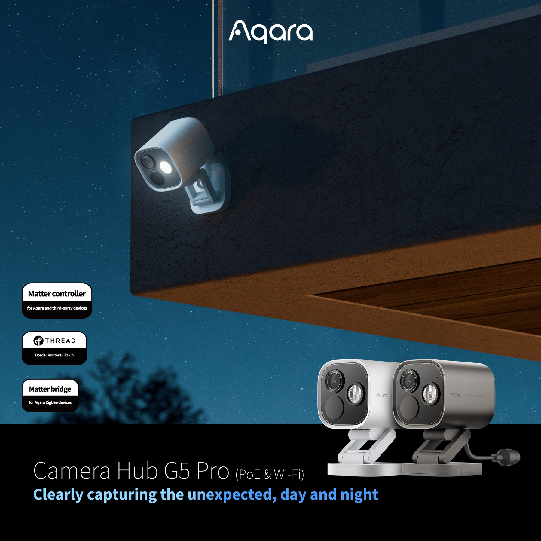 L'immagine mostra un hub fotocamera G5 Pro con cielo notturno. La fotocamera è bianca e argento con il marchio Aqara.