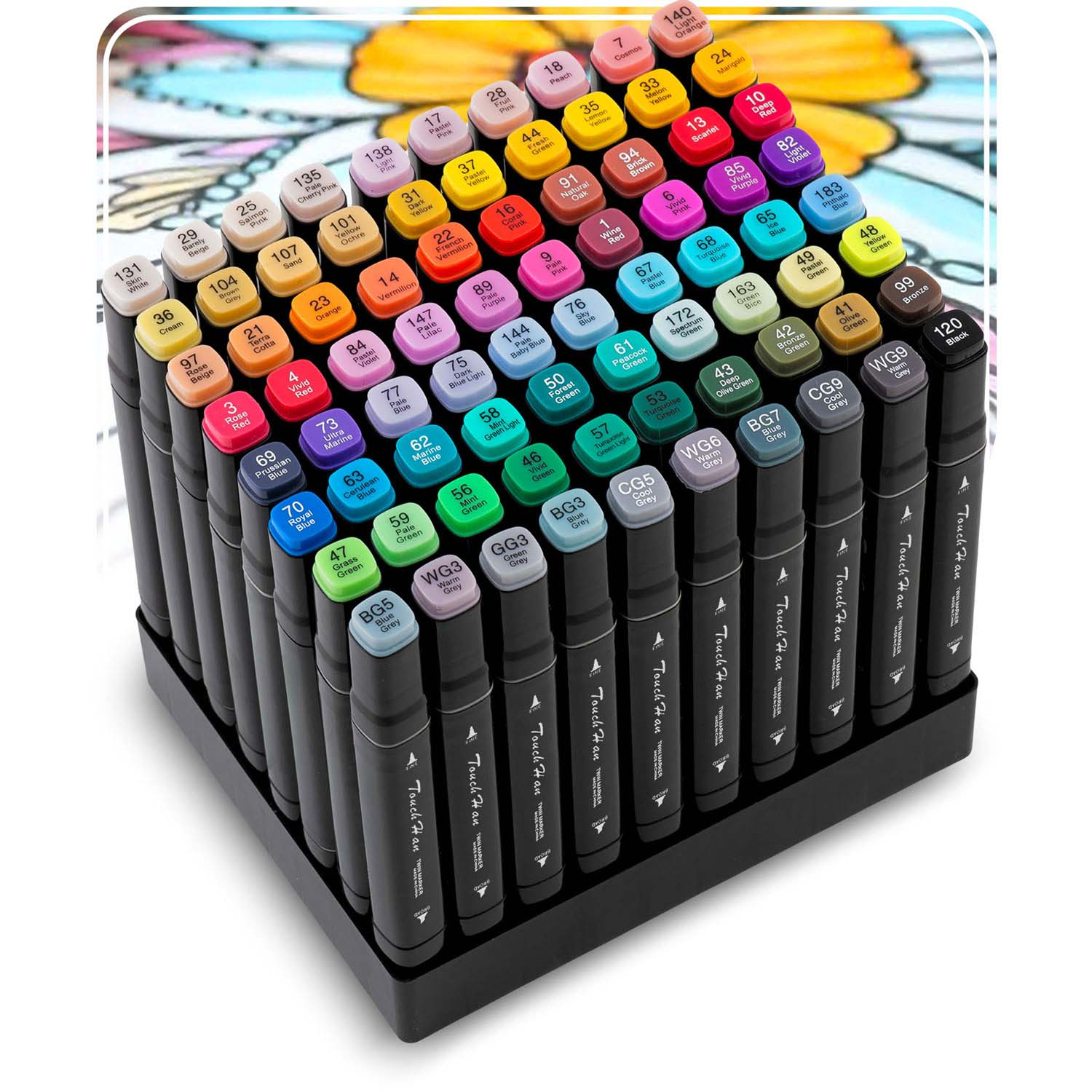 Zestaw kolorowych markerów w czarnym organizerze, z nazwami kolorów.