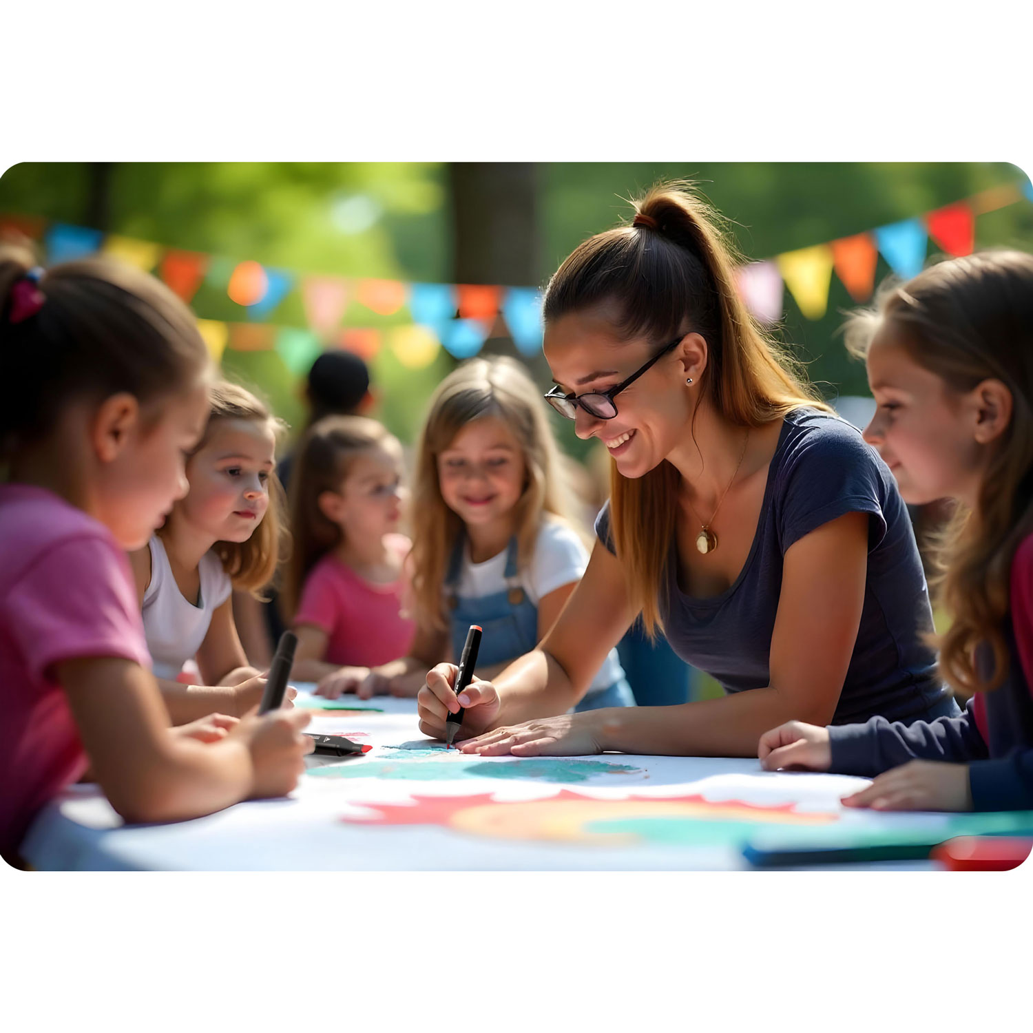 Kobieta i kilkoro dzieci siedzą przy stole, rysując markerami. Kolorowe flagi wiszą w tle.