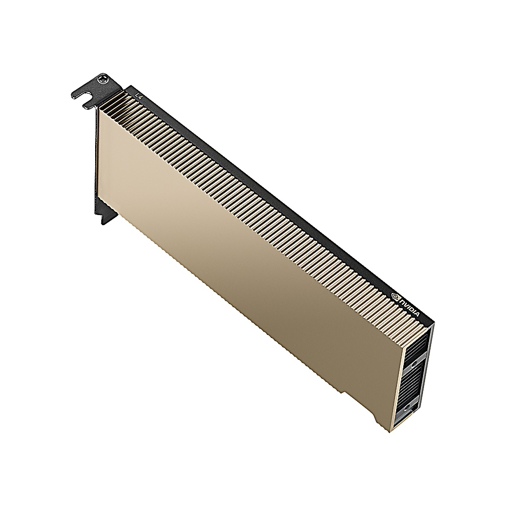 Una scheda grafica NVIDIA oro e nera, angolata su sfondo bianco. Ha una staffa nera e il logo NVIDIA è visibile.