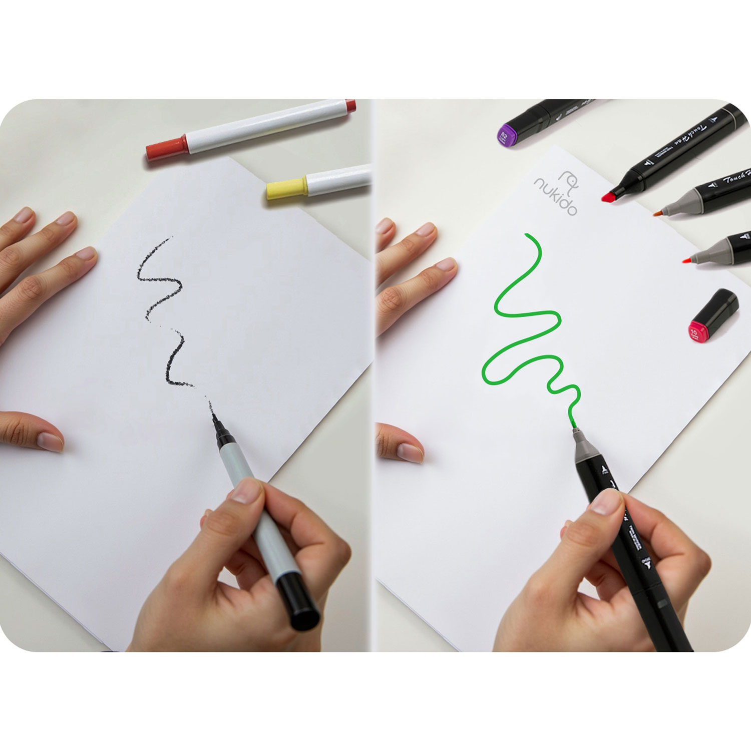Ręce rysują markerami na papierze. Markery są w różnych kolorach. Jeden rysuje czarną linię. Drugi rysuje zieloną linię.