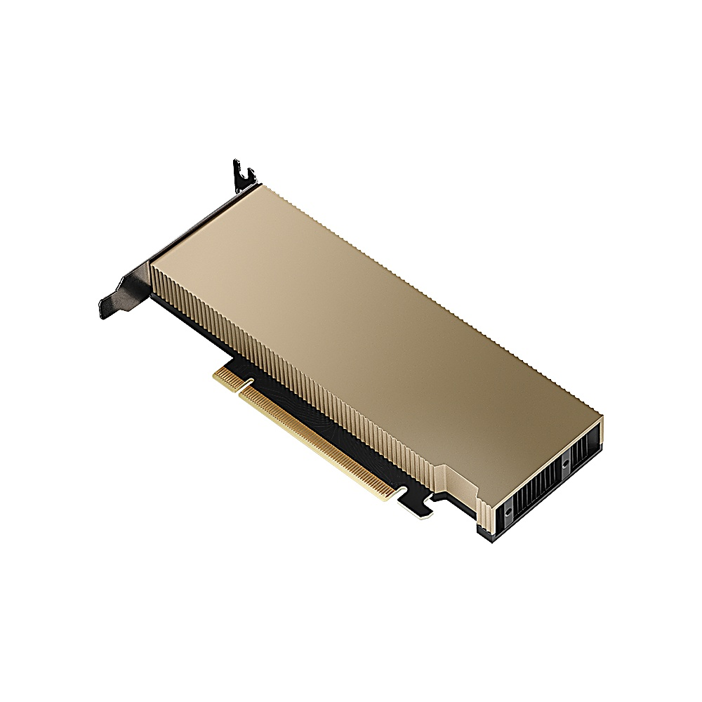 Una scheda grafica per computer color oro con parti metalliche nere. È posizionata su uno sfondo bianco. La scheda è rettangolare.