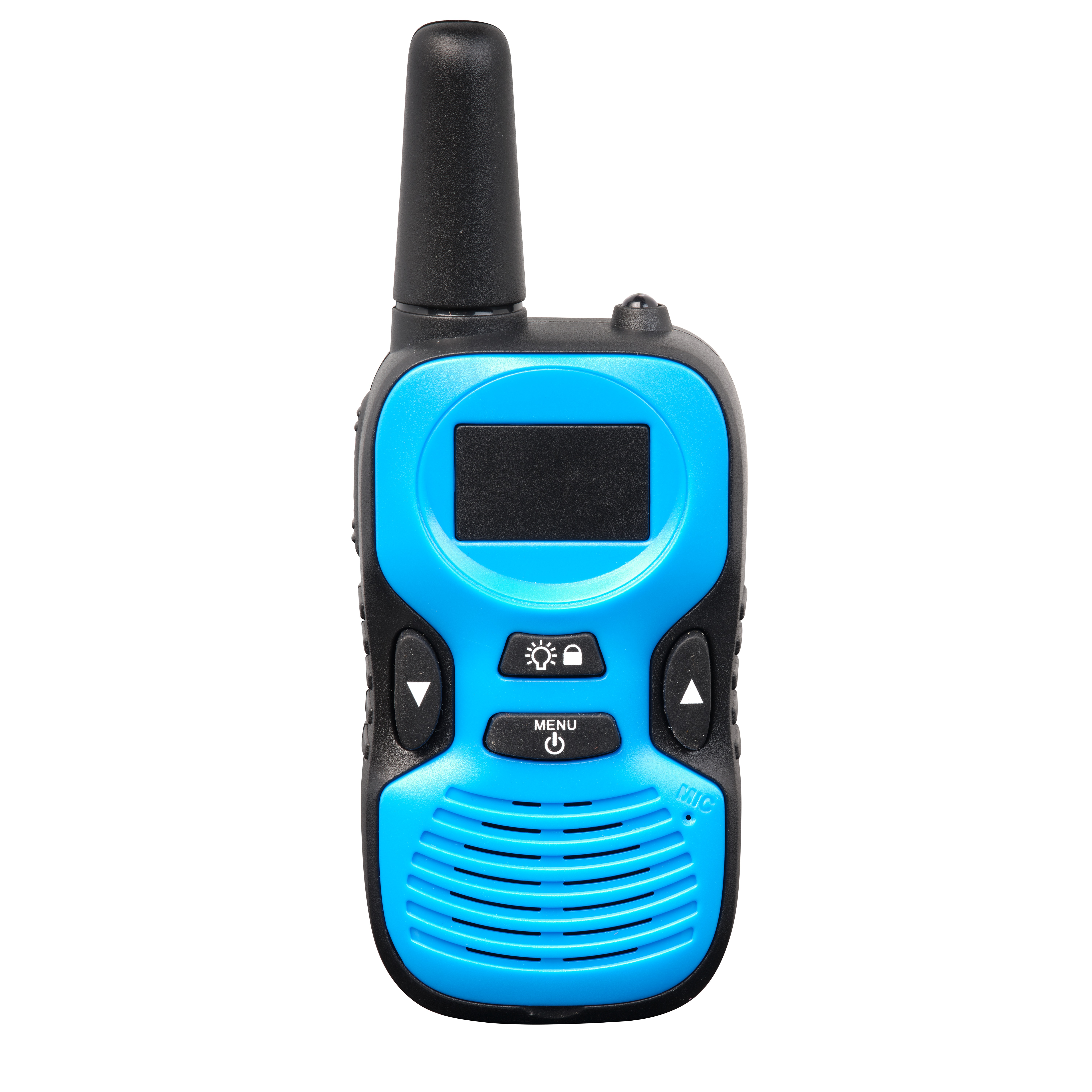 Ein blaues und schwarzes Walkie-Talkie. Es hat einen Bildschirm, Knöpfe und eine Antenne. Es ist vor weißem Hintergrund.