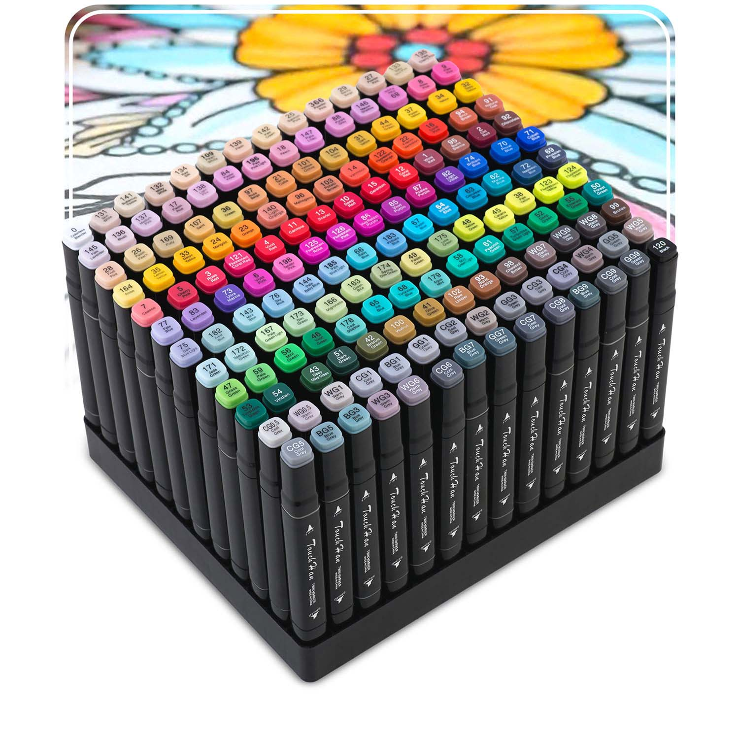 Zestaw kolorowych markerów w czarnym organizerze, z rysunkiem kwiatu w tle.