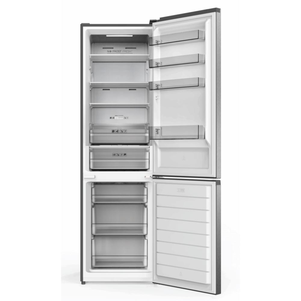 An open refrigerator shows the interior with shelves, drawers, and the 'No Frost Fresh' label. The lower door is also open.