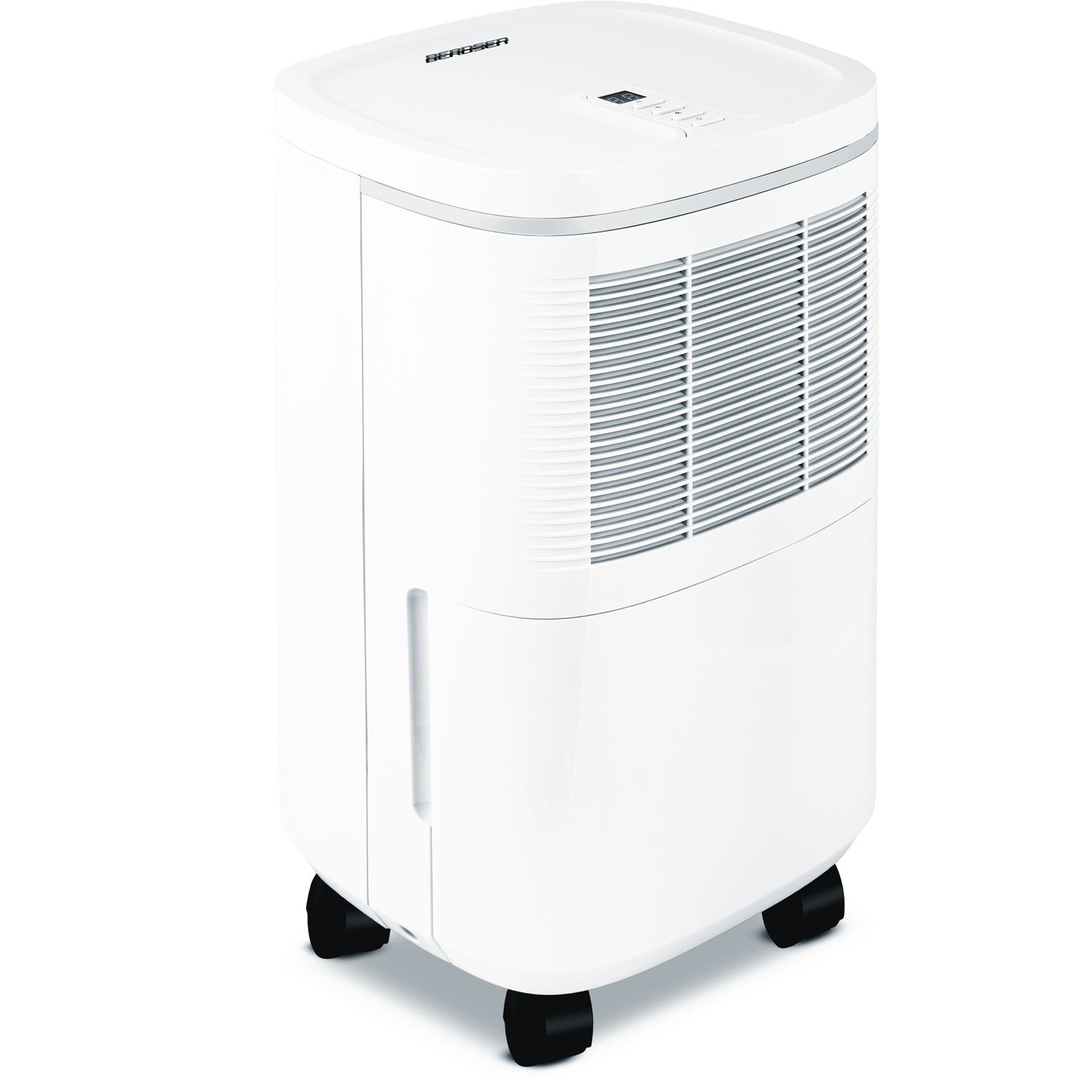 Biały osuszacz powietrza z cyfrowym wyświetlaczem i otworami wentylacyjnymi. Ma czarne kółka i markę 'BERGSER' na górze.