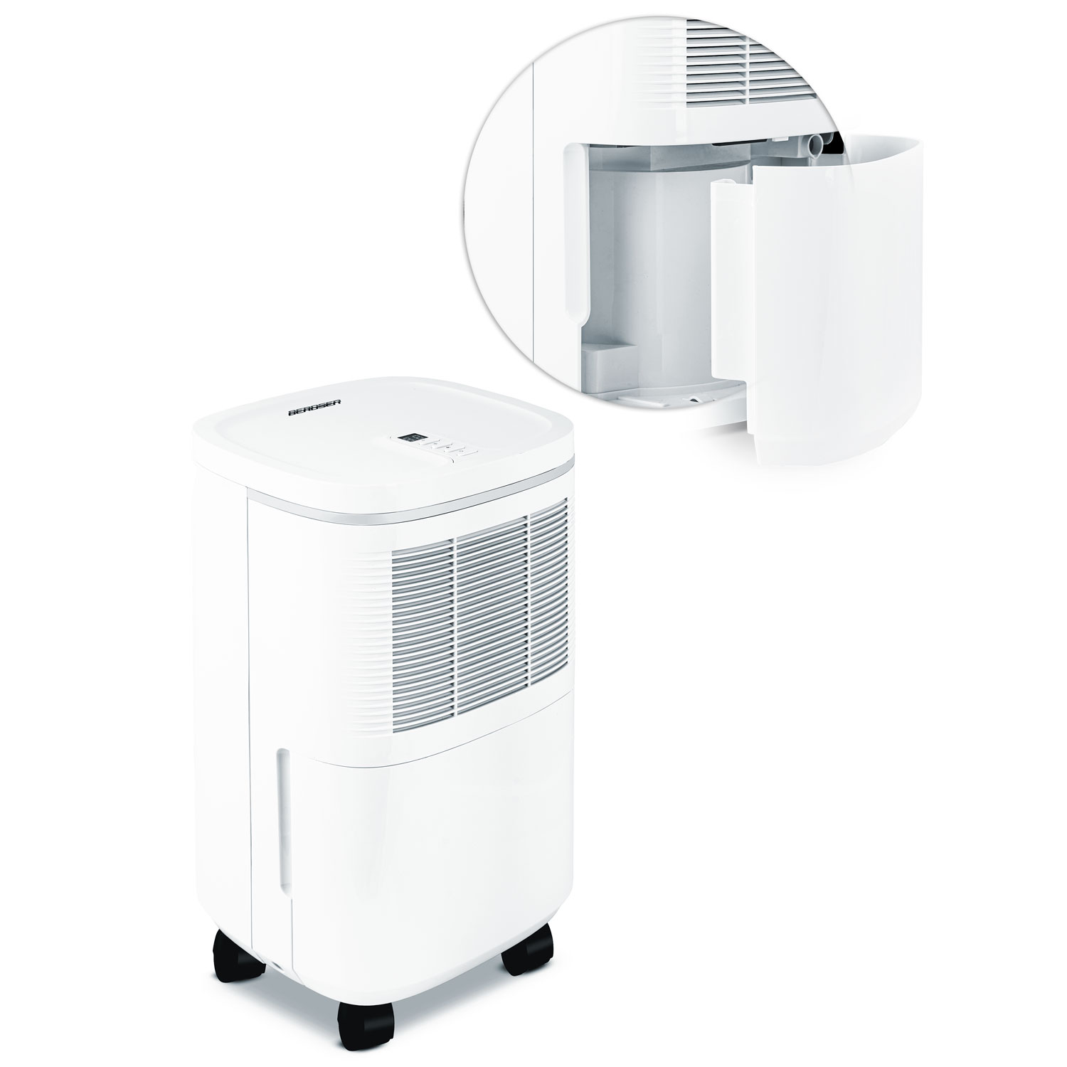 Biały osuszacz powietrza na kółkach ze szczegółową wstawką pokazującą otwartą komorę zbiornika na wodę. Marka to BERGER.