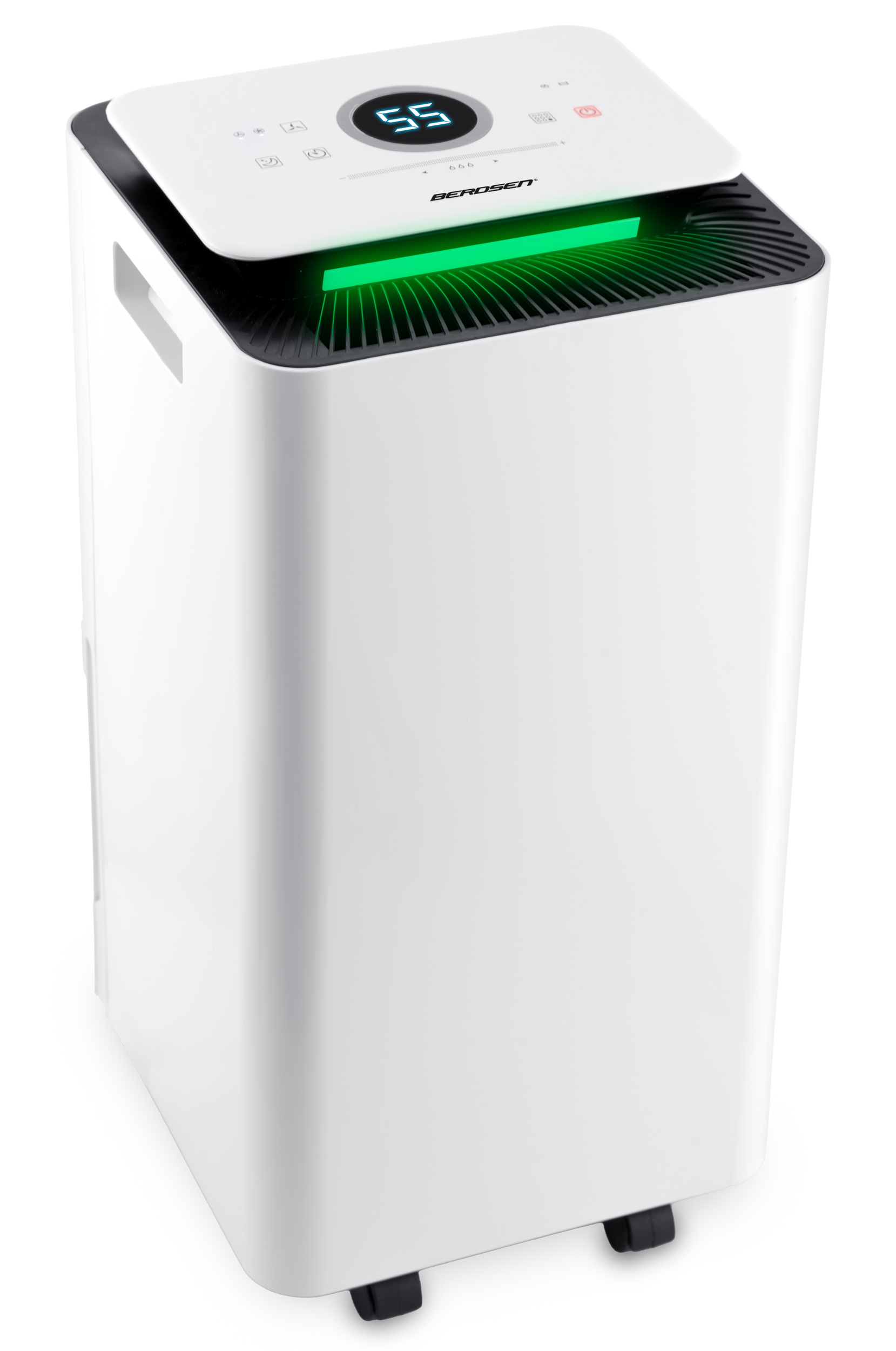 Biały oczyszczacz powietrza BEROSEN z cyfrowym wyświetlaczem, zielonym światłem i czarnymi kołami.