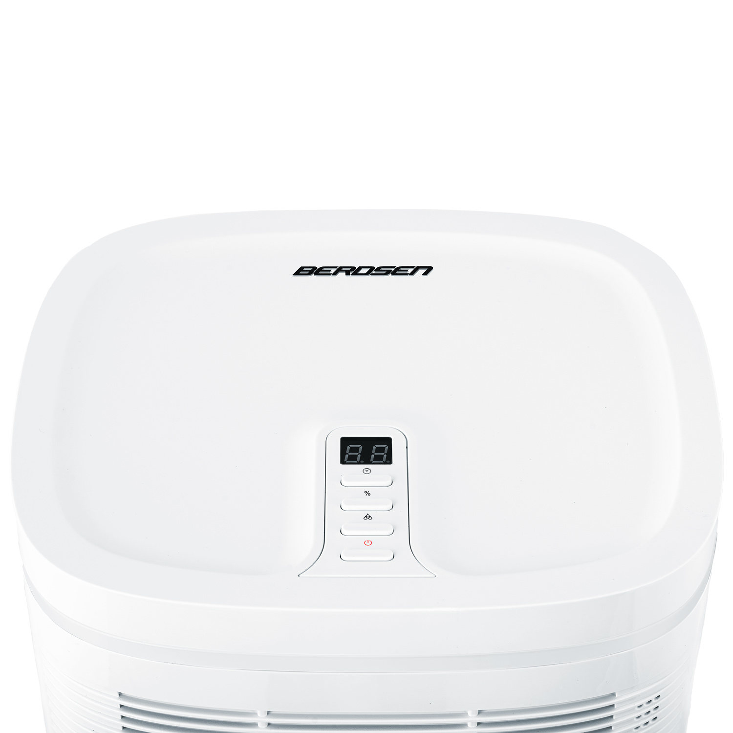 Biały osuszacz powietrza BERDSEN. Posiada cyfrowy wyświetlacz i kilka przycisków. Dolna część ma otwór wentylacyjny.