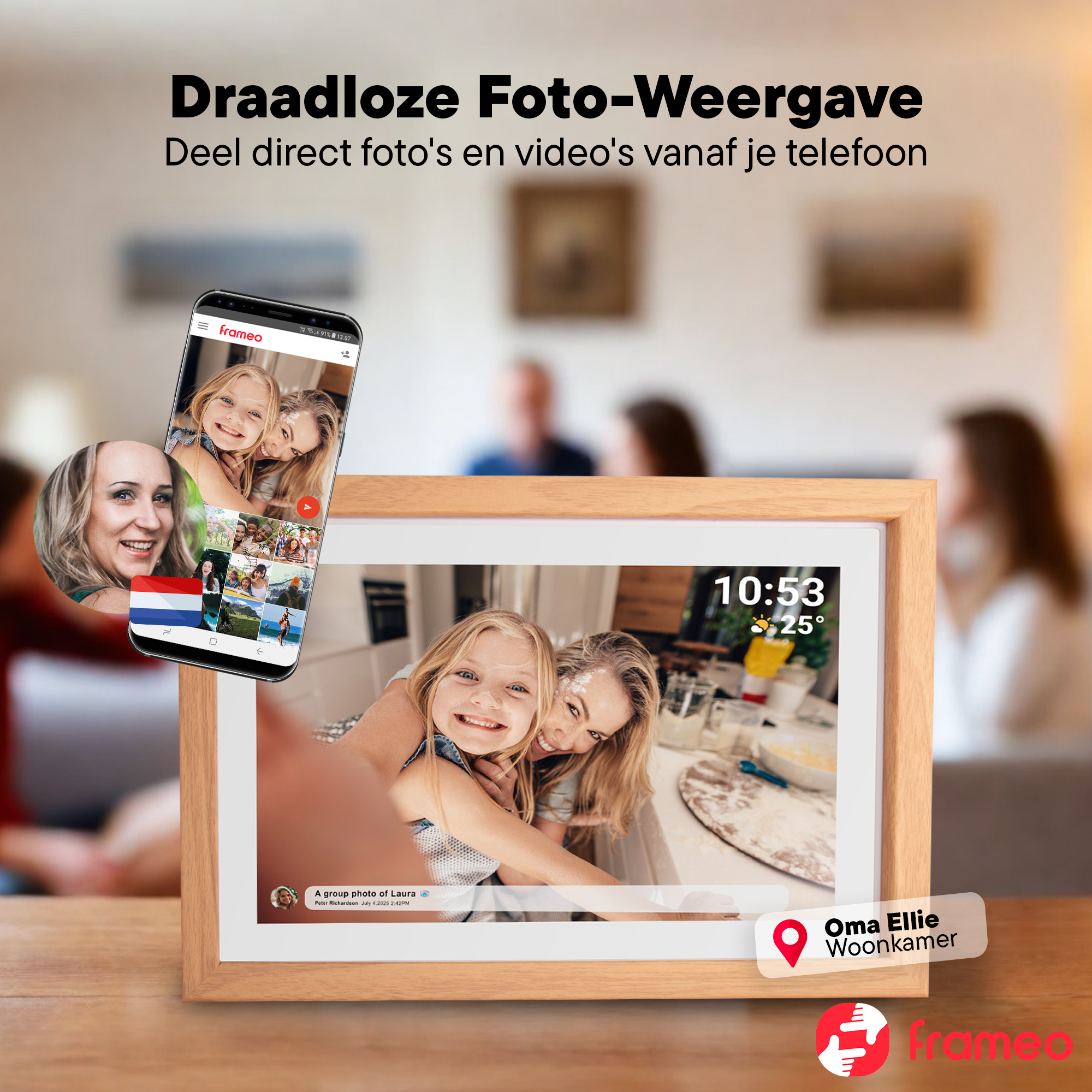 Un cadre photo avec une photo d'une femme et d'une fille. Un téléphone affiche d'autres photos. Texte : Draadloze Foto-Weergave.