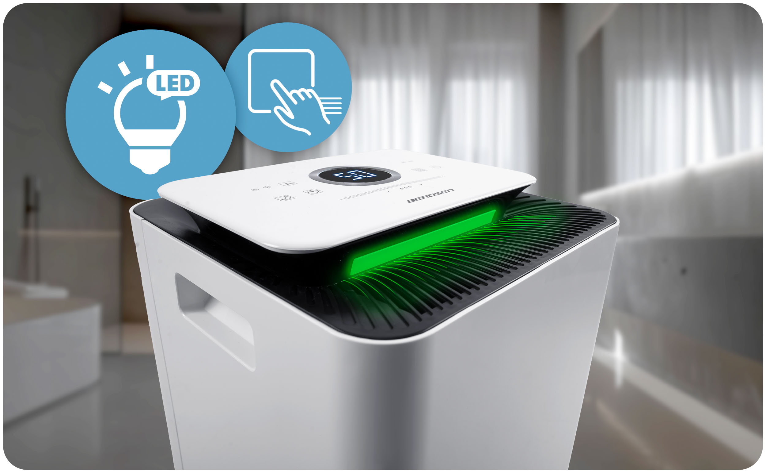 Biały oczyszczacz powietrza z panelem dotykowym i zielonym wentylatorem. Niebieskie ikony LED i dotyk.