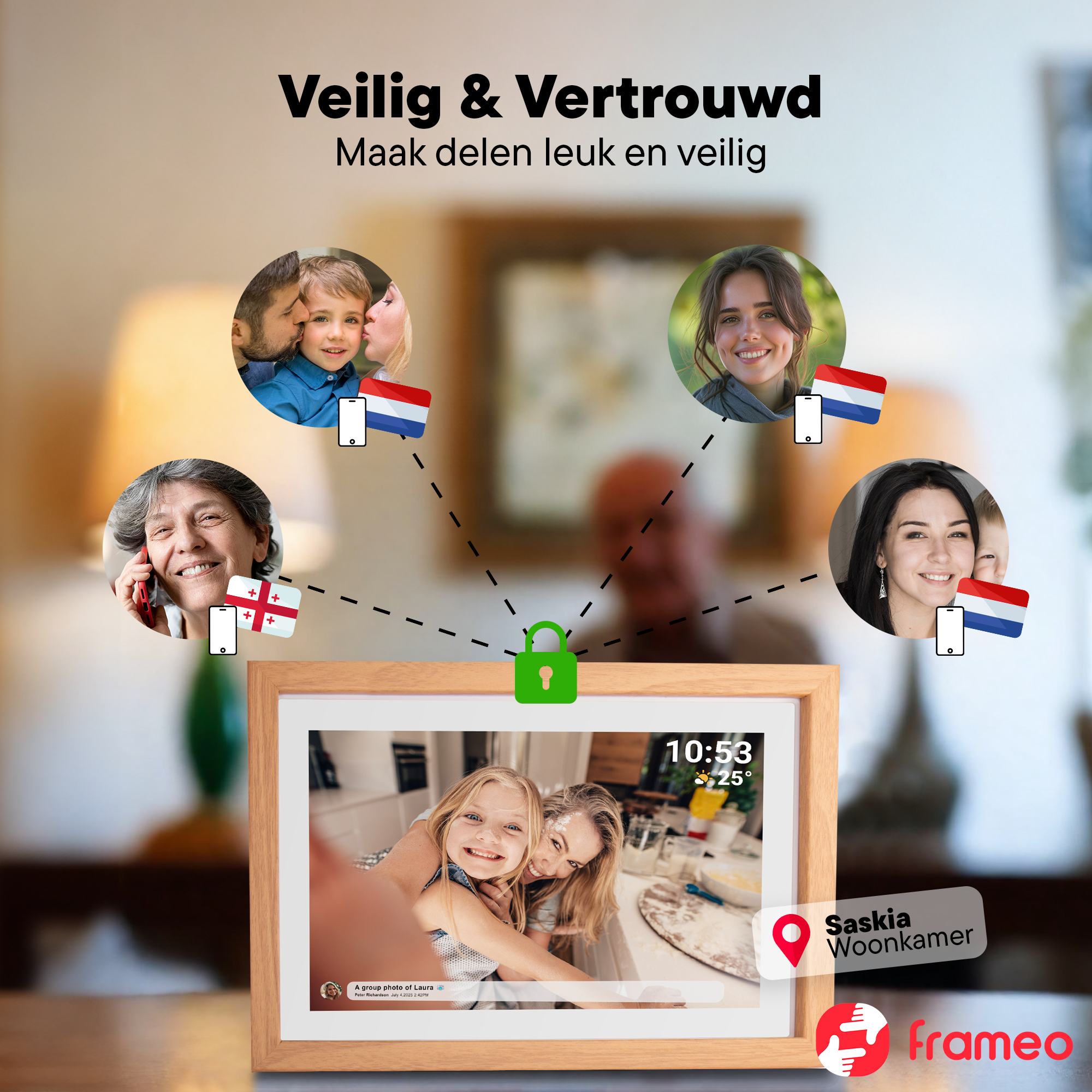 L'image montre un cadre numérique avec photos de famille, drapeaux et une icône de cadenas, pour un partage sûr.