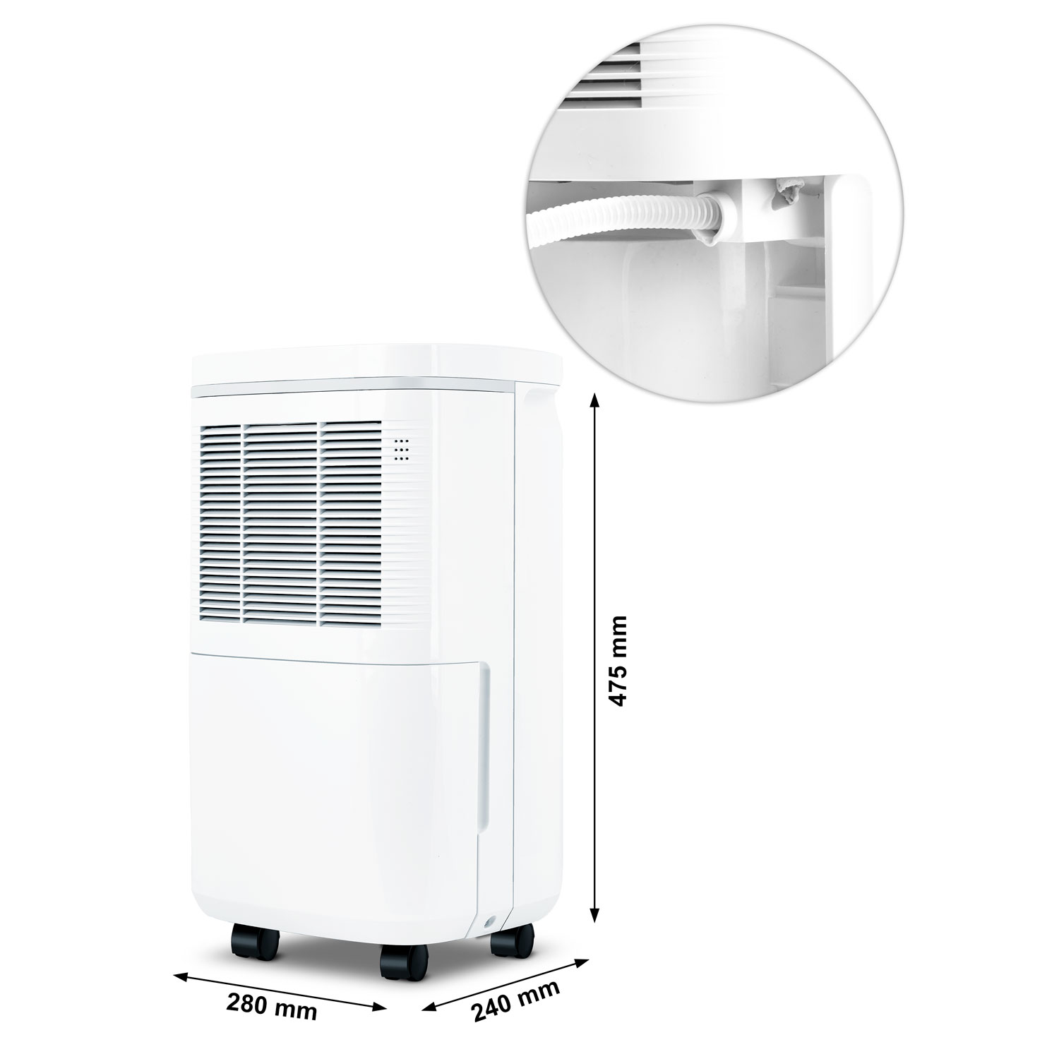 Biały osuszacz powietrza na kółkach. Wymiary: 280x240x475 mm. Okrągła wstawka pokazuje połączenie węża. Białe tło.