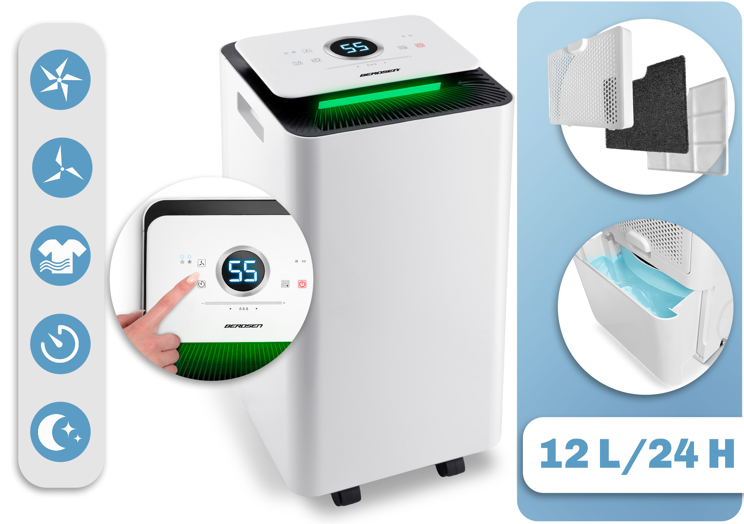 Biały oczyszczacz powietrza z cyfrowym wyświetlaczem pokazującym 55. Ręka dotyka ekranu. Pokazano filtry.