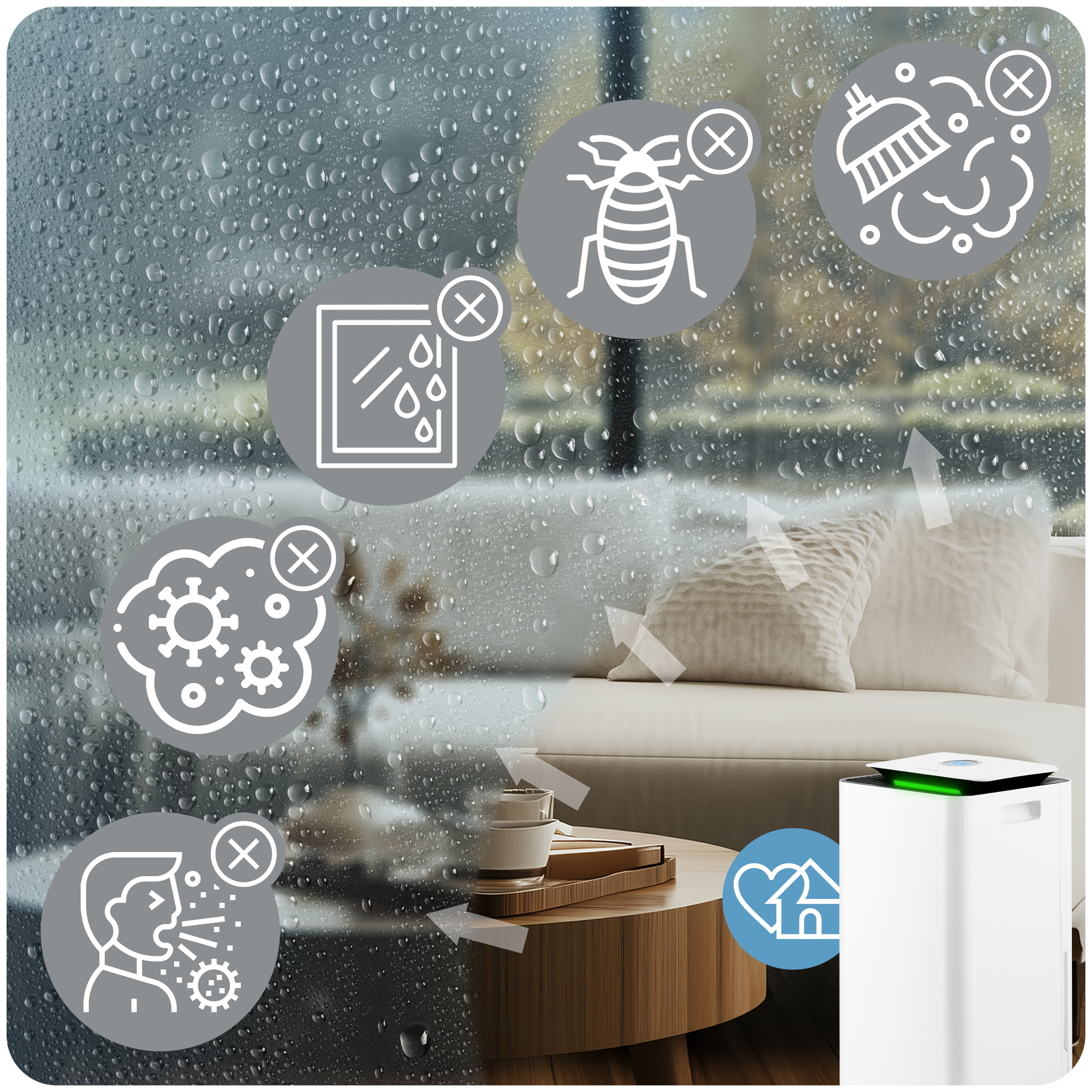 Obraz przedstawia okno z kroplami deszczu i ikonami rzeczy do usunięcia, a także oczyszczacz powietrza i sofę.