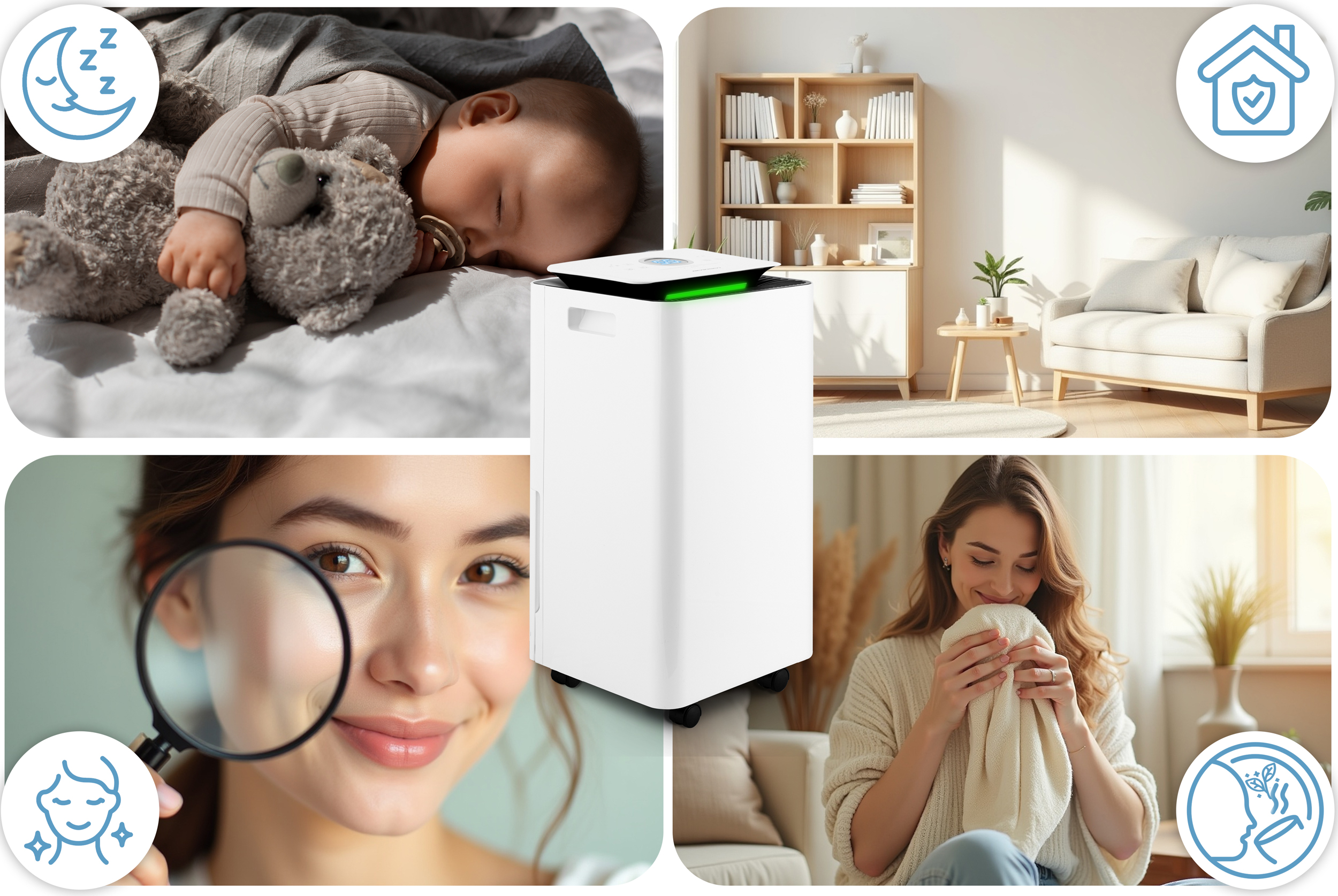 Obraz przedstawia oczyszczacz powietrza z powiązanymi obrazami śpiącego dziecka, kobiety z lupą i kobiety wąchającej szmatkę.