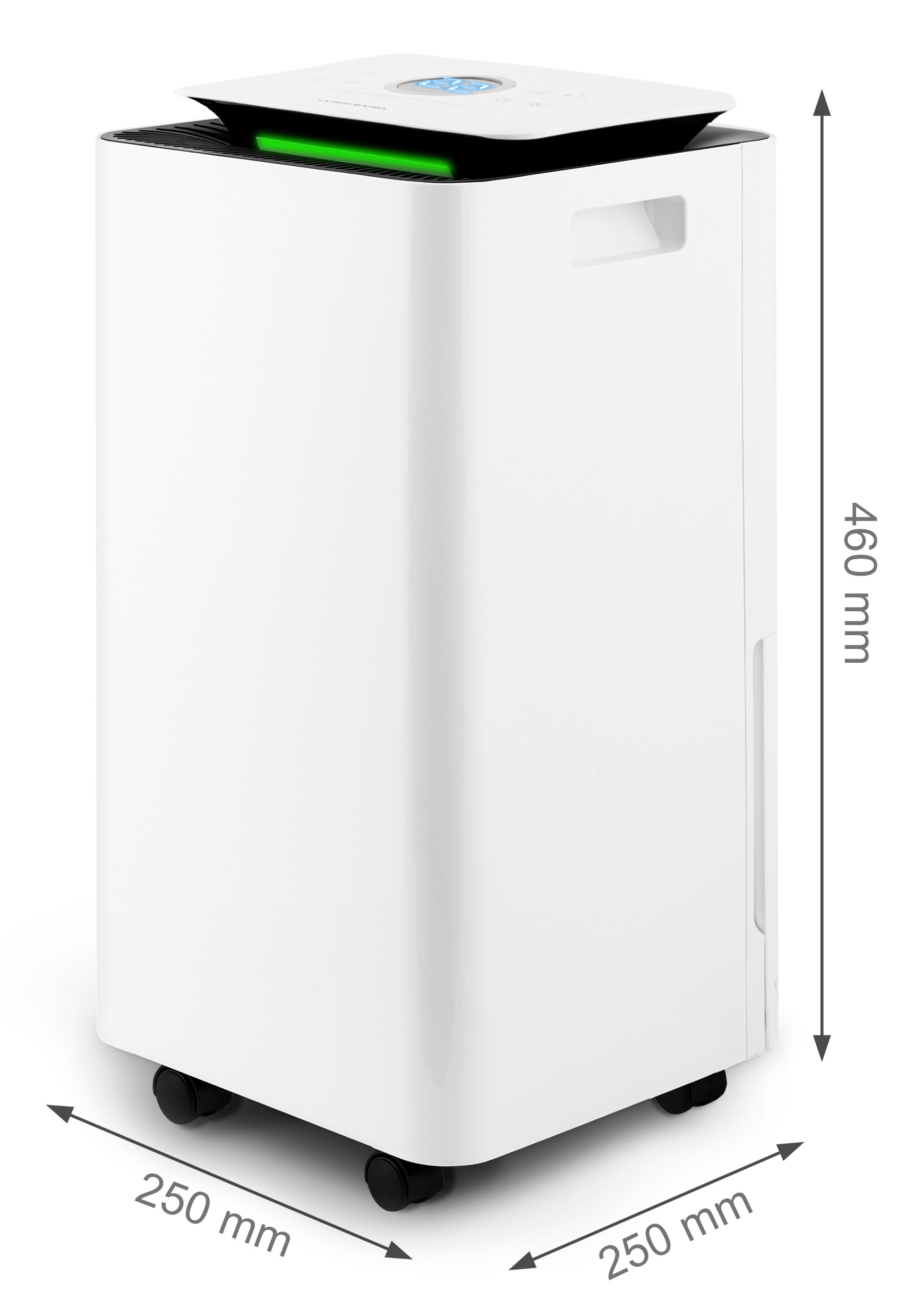 Biały oczyszczacz powietrza z czarnym blatem, zielonym światłem i oznaczonymi wymiarami. Ma rolki.
