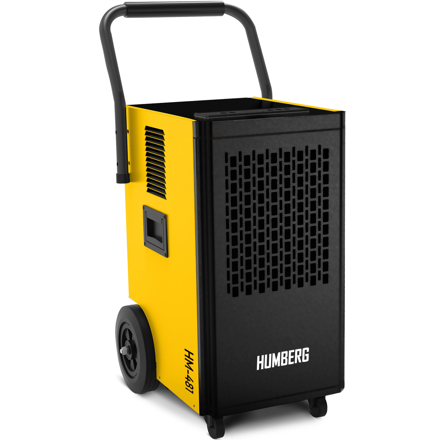 Żółty i czarny osuszacz powietrza HUMBERG z uchwytem i kółkami. Widoczny jest numer modelu HM-481. Tło jest białe.