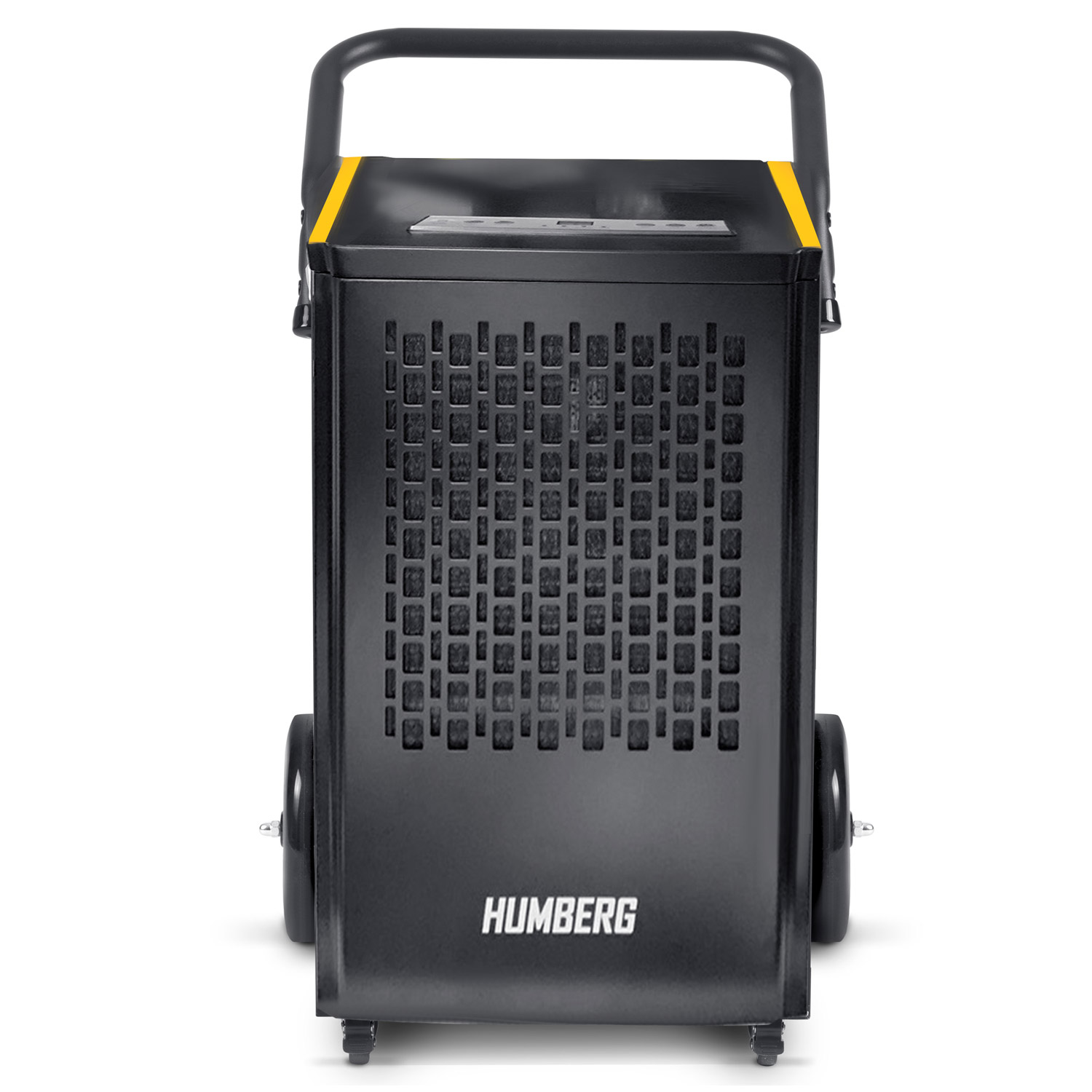 Czarny osuszacz powietrza z uchwytem i kółkami. Żółty akcent na górze. Logo HUMBERG z przodu.