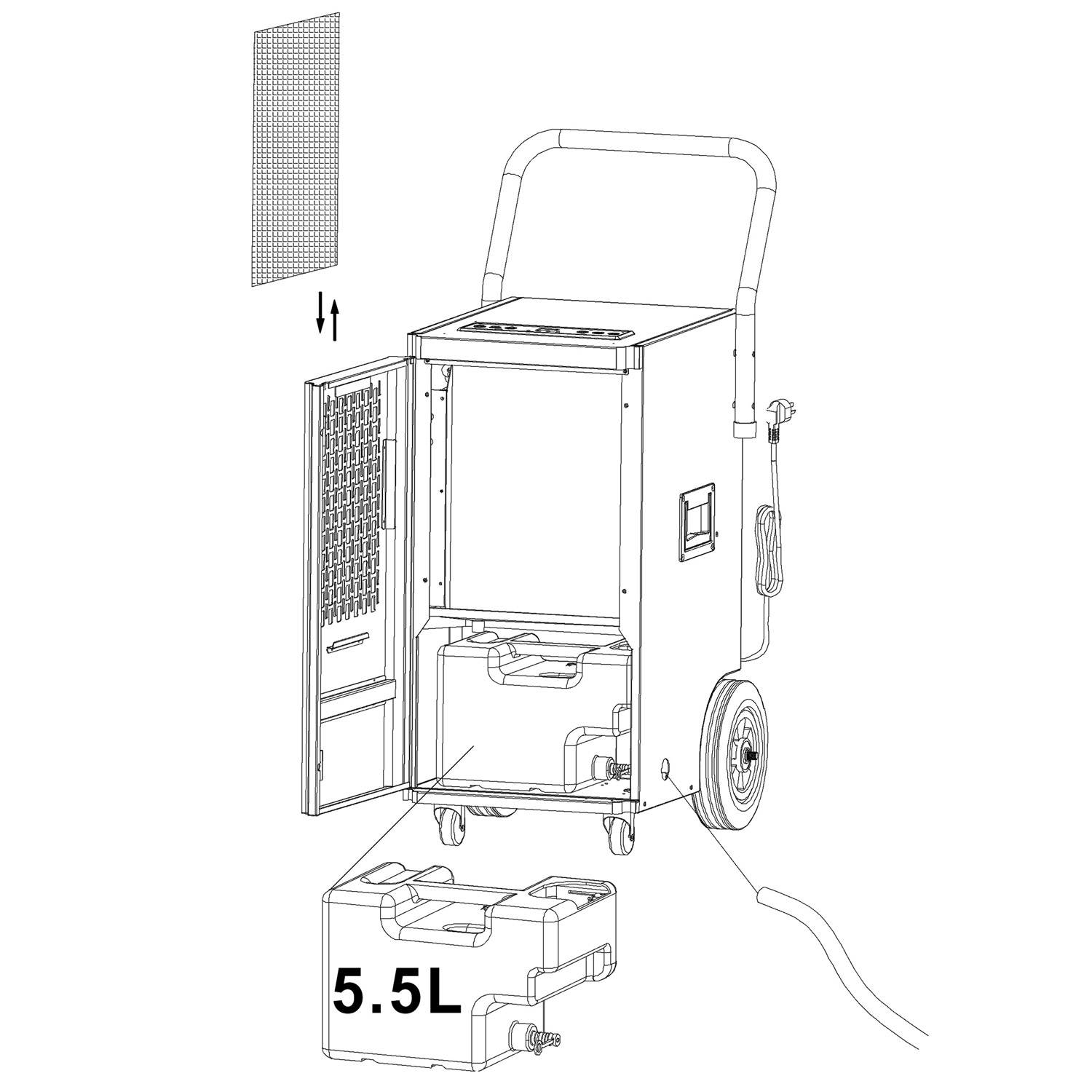 Schemat maszyny z uchwytem i kołami, pokazujący części i pojemnik 5,5L. Strzałki wskazują montaż i umieszczenie.