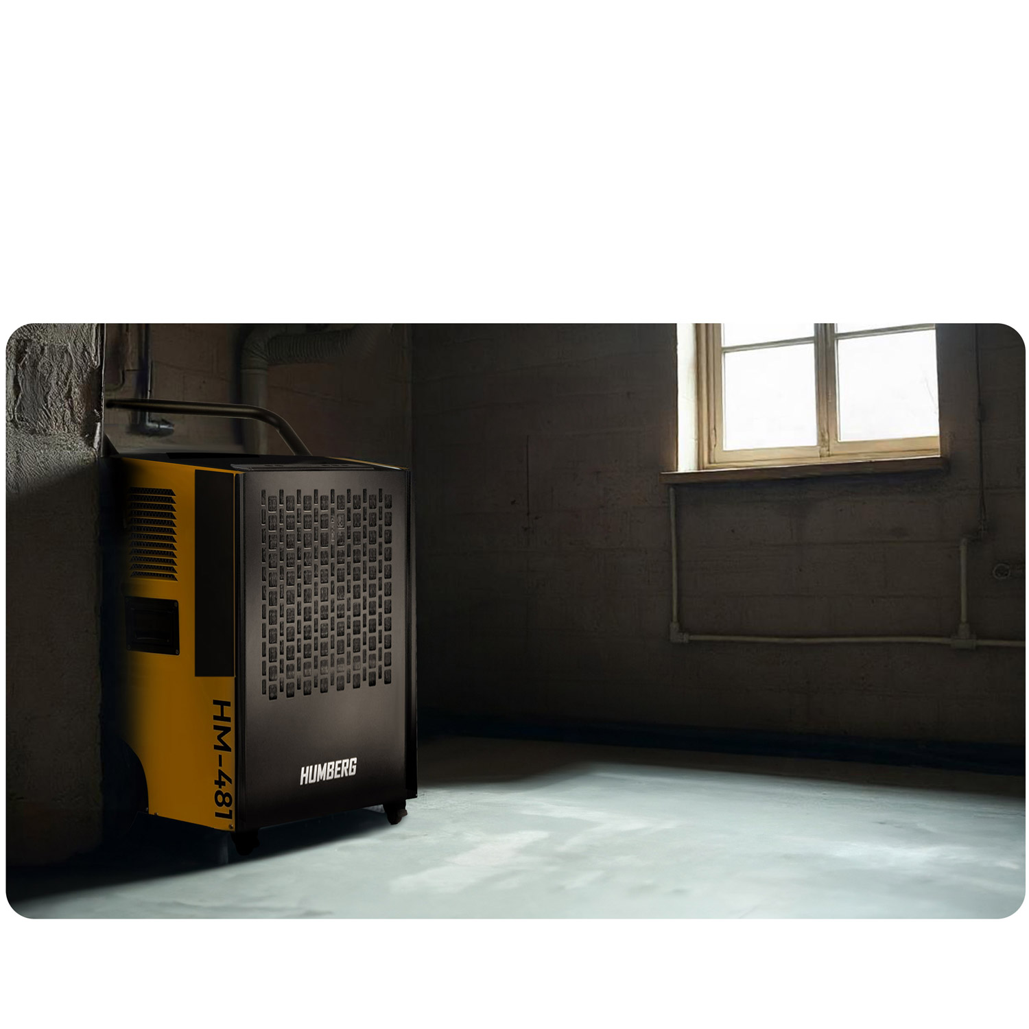 Osuszacz powietrza Humberg HM-481, żółty i czarny, stoi w piwnicy. Okno zapewnia światło. Betonowe ściany i podłoga.