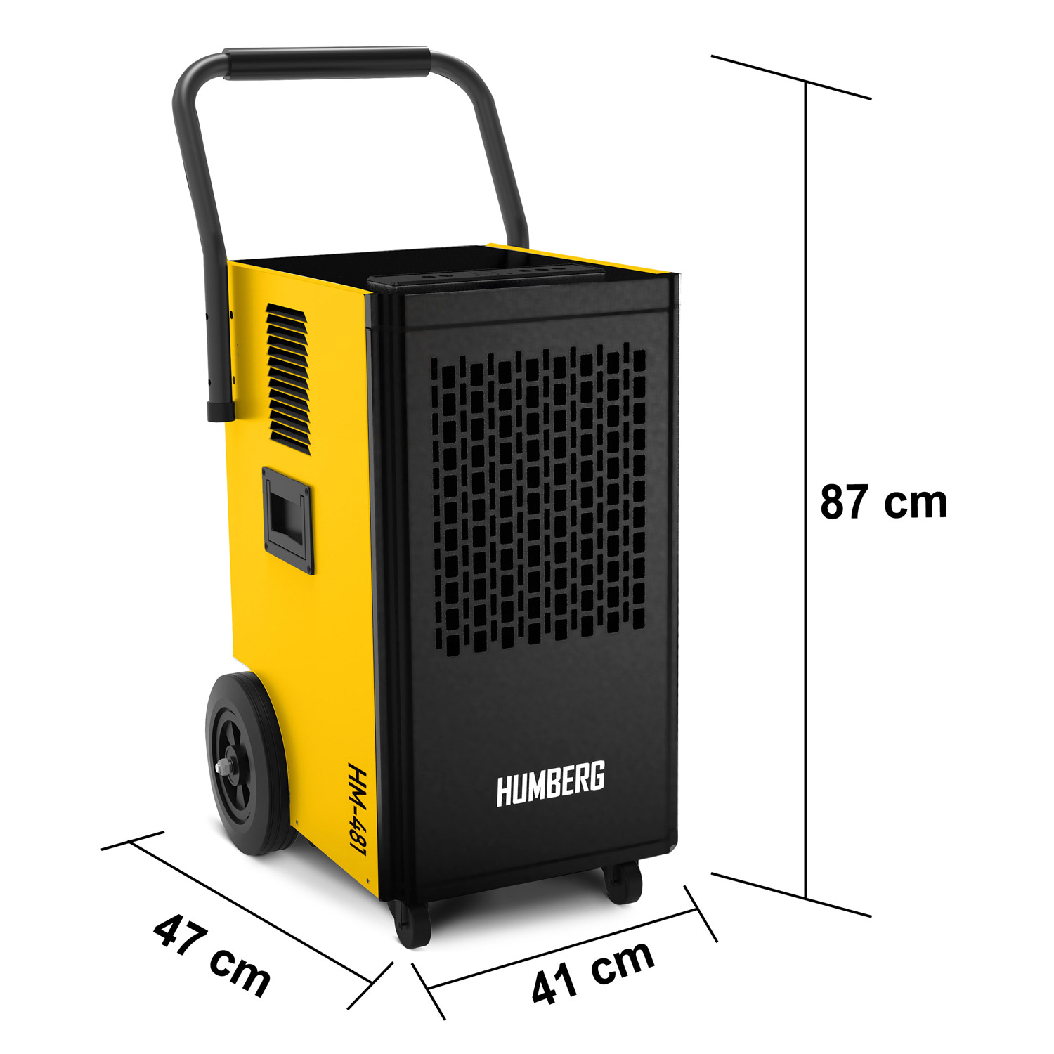 Żółty i czarny osuszacz na kółkach. Wymiary to 47x41x87 cm. Posiada uchwyt i markę HUMBERG.