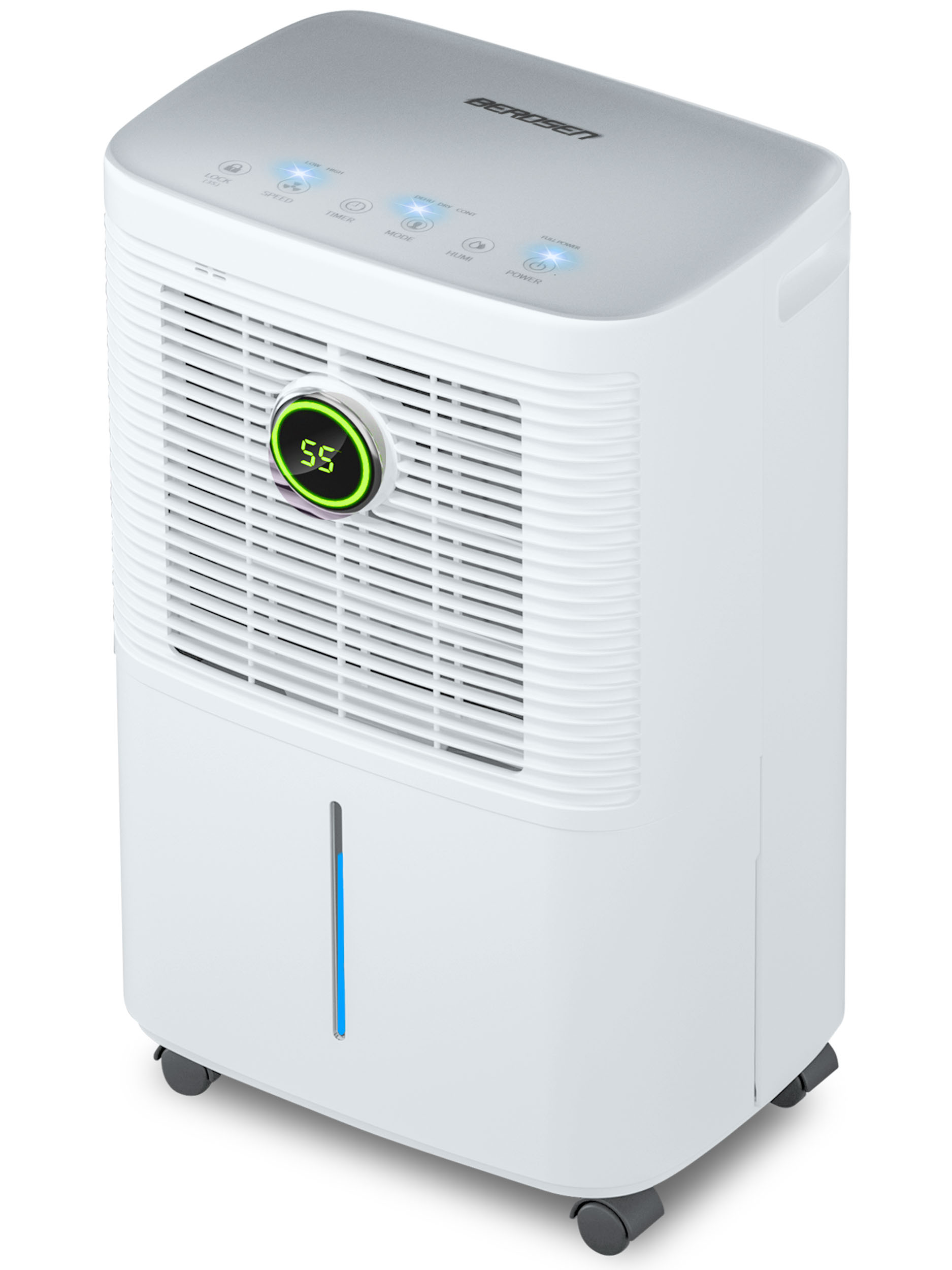 Biały osuszacz powietrza Berosen. Posiada cyfrowy wyświetlacz z napisem '55', przyciski sterowania i wskaźnik poziomu wody.