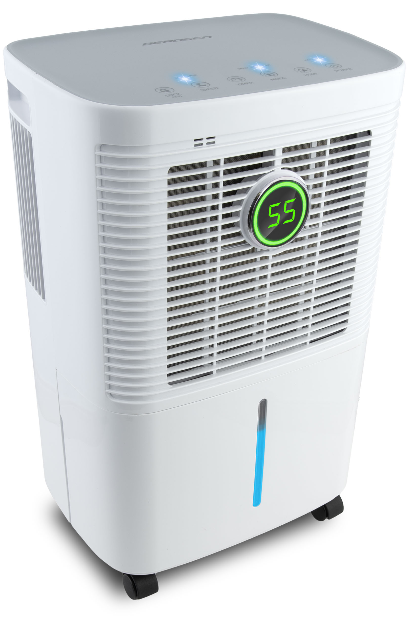 Biały osuszacz powietrza z cyfrowym wyświetlaczem '55'. Ma przyciski i światła na górze oraz wskaźnik poziomu wody.