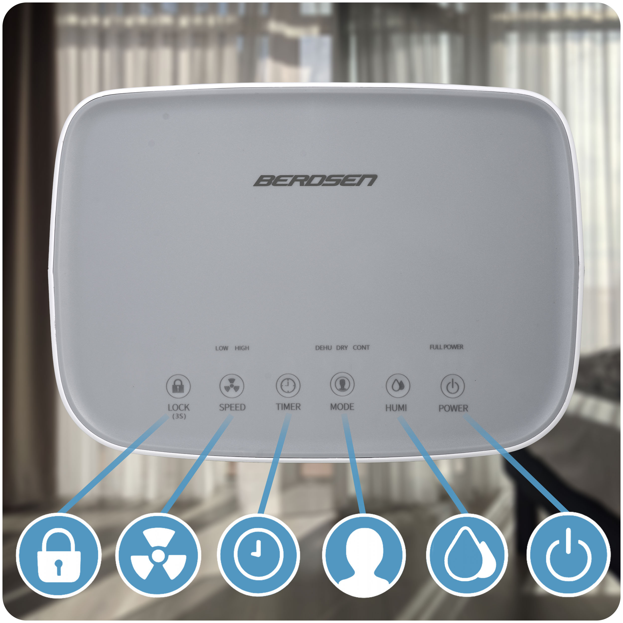 Szary panel sterowania osuszacza BEROSEN. Ma kilka przycisków, w tym zasilanie, tryb, timer, prędkość i blokadę.
