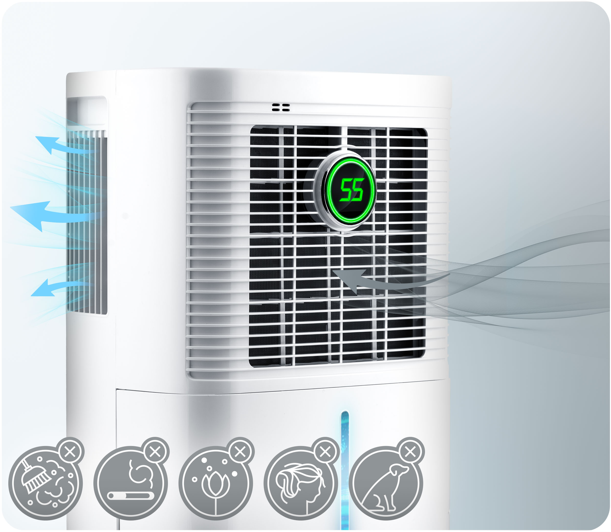 Biały oczyszczacz powietrza z cyfrowym wyświetlaczem. Strzałki przepływu powietrza i ikony wskazujące wykluczone alergeny i drażniące.
