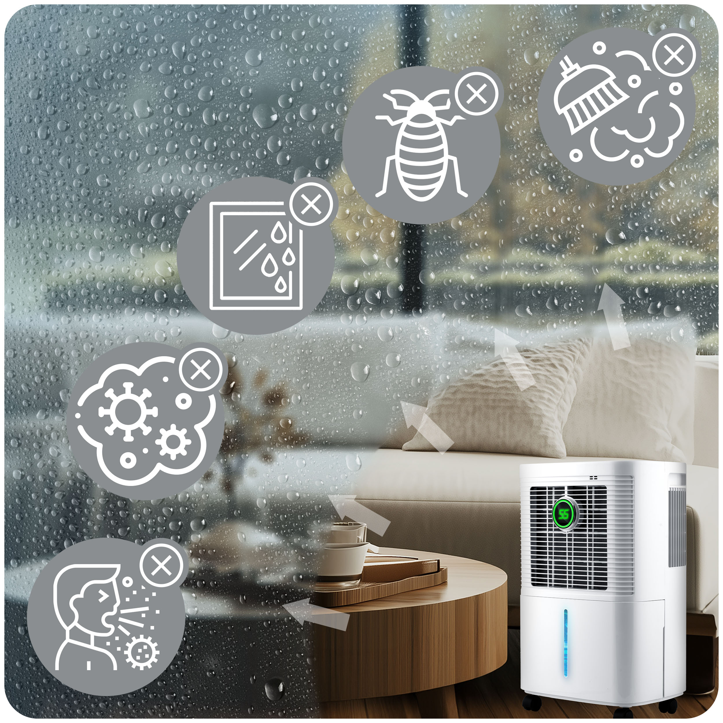 Nawilżacz powietrza znajduje się w salonie. Ikony ze znakiem krzyża na kroplach wody, kurzu, zarazkach i robakach są wyświetlane.