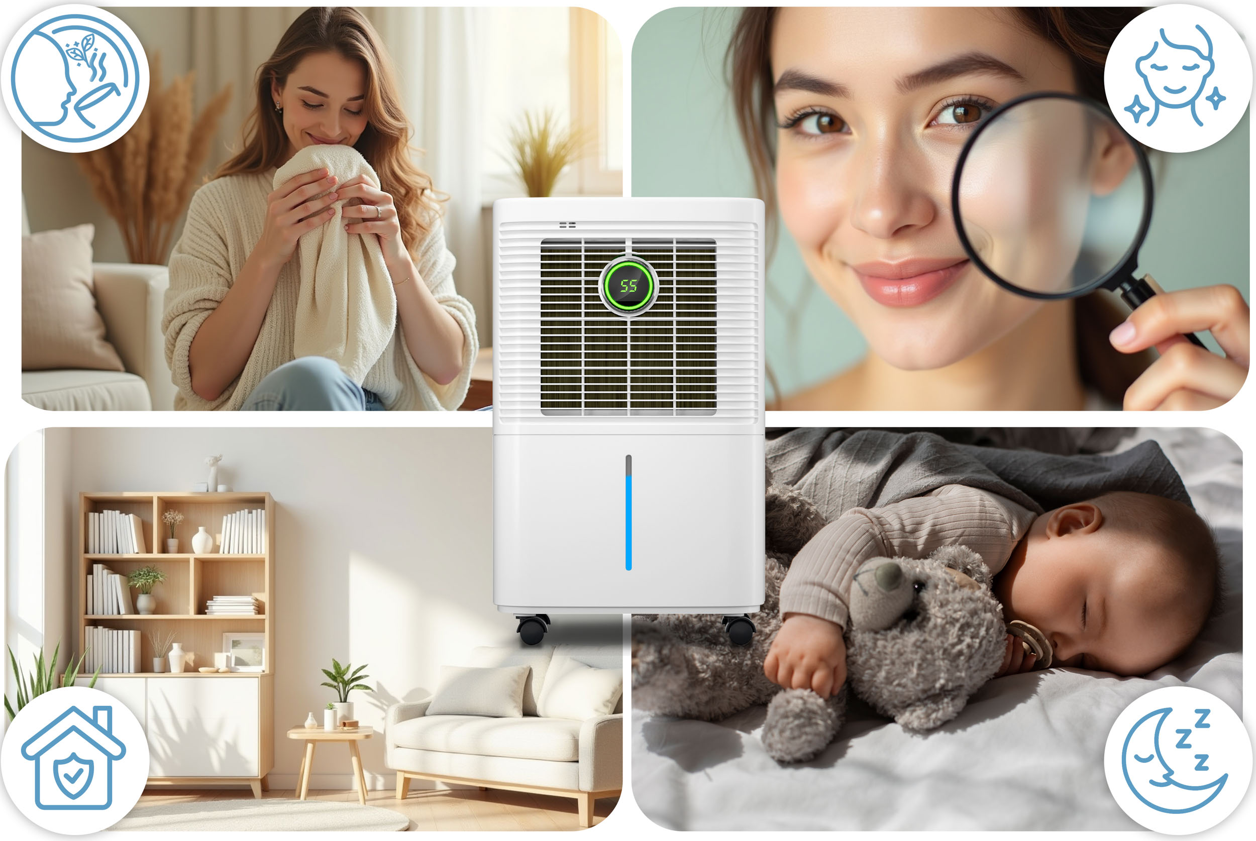 Obraz przedstawia kobietę wąchającą szmatkę, kobietę z lupą, śpiące dziecko i osuszacz powietrza.