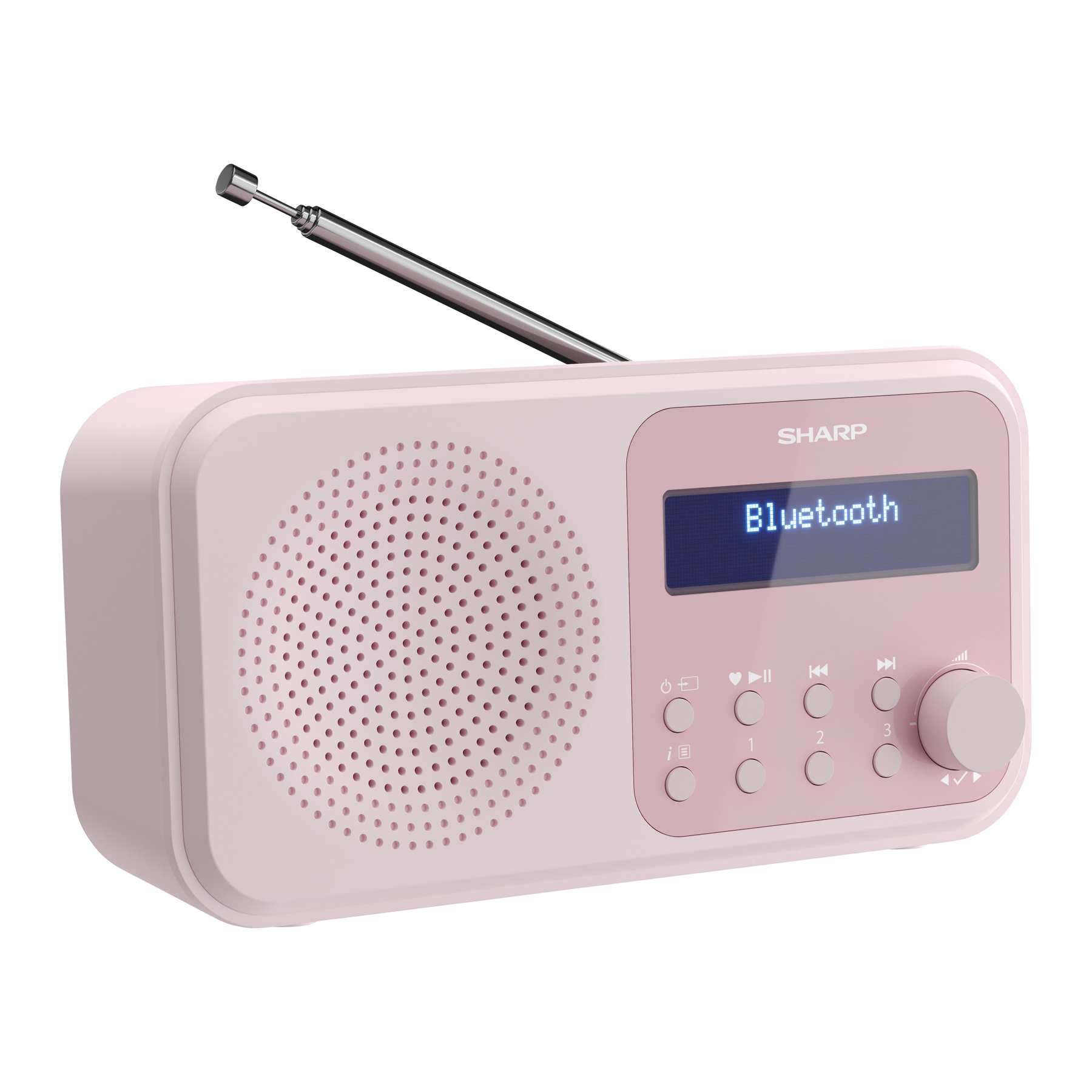 Une radio rose Sharp avec une antenne. Elle a un haut-parleur, un écran affichant 'Bluetooth' et des boutons.