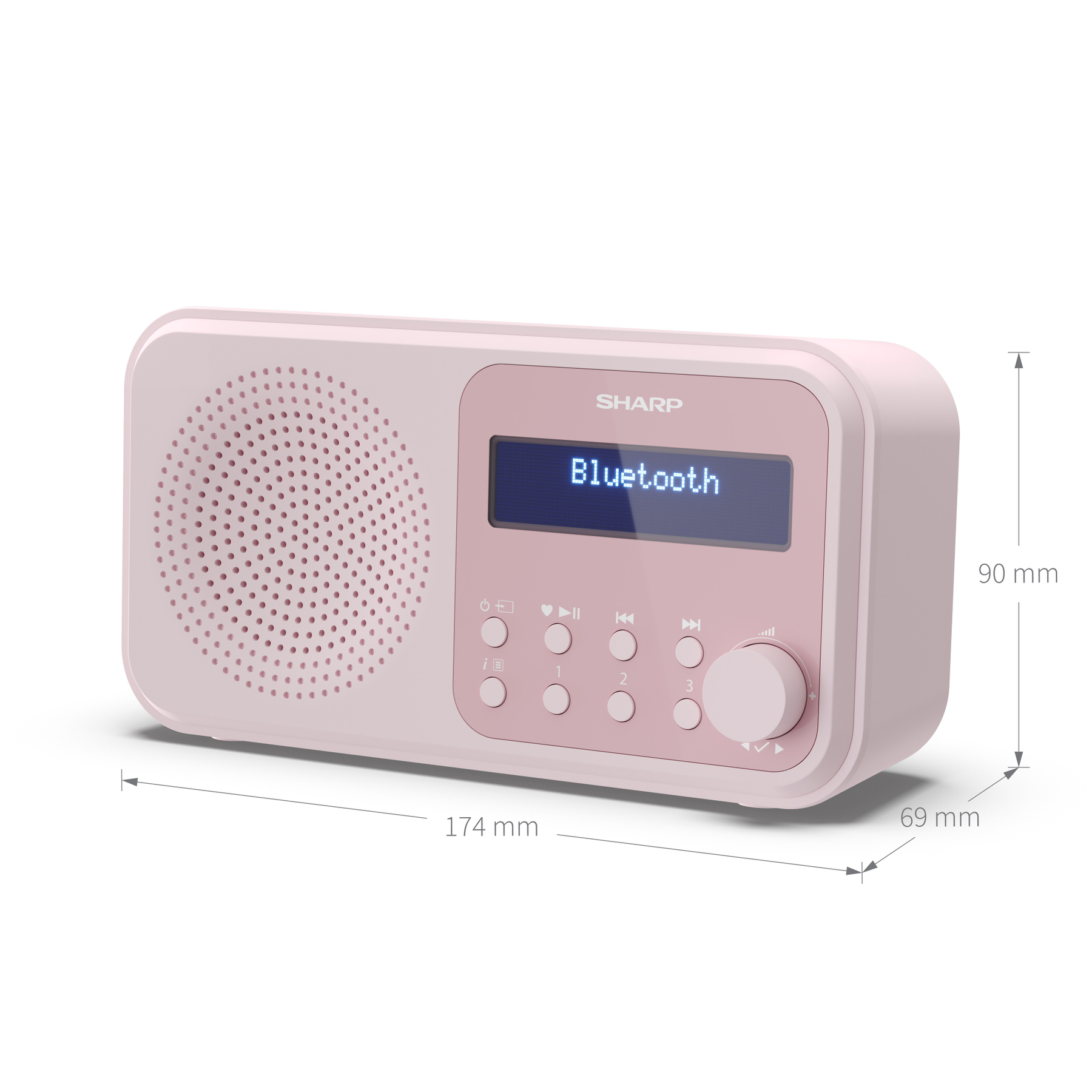 Radio rose Sharp avec Bluetooth. Comprend un haut-parleur, un écran avec 'Bluetooth', des boutons et un bouton de volume. Dimensions visibles.