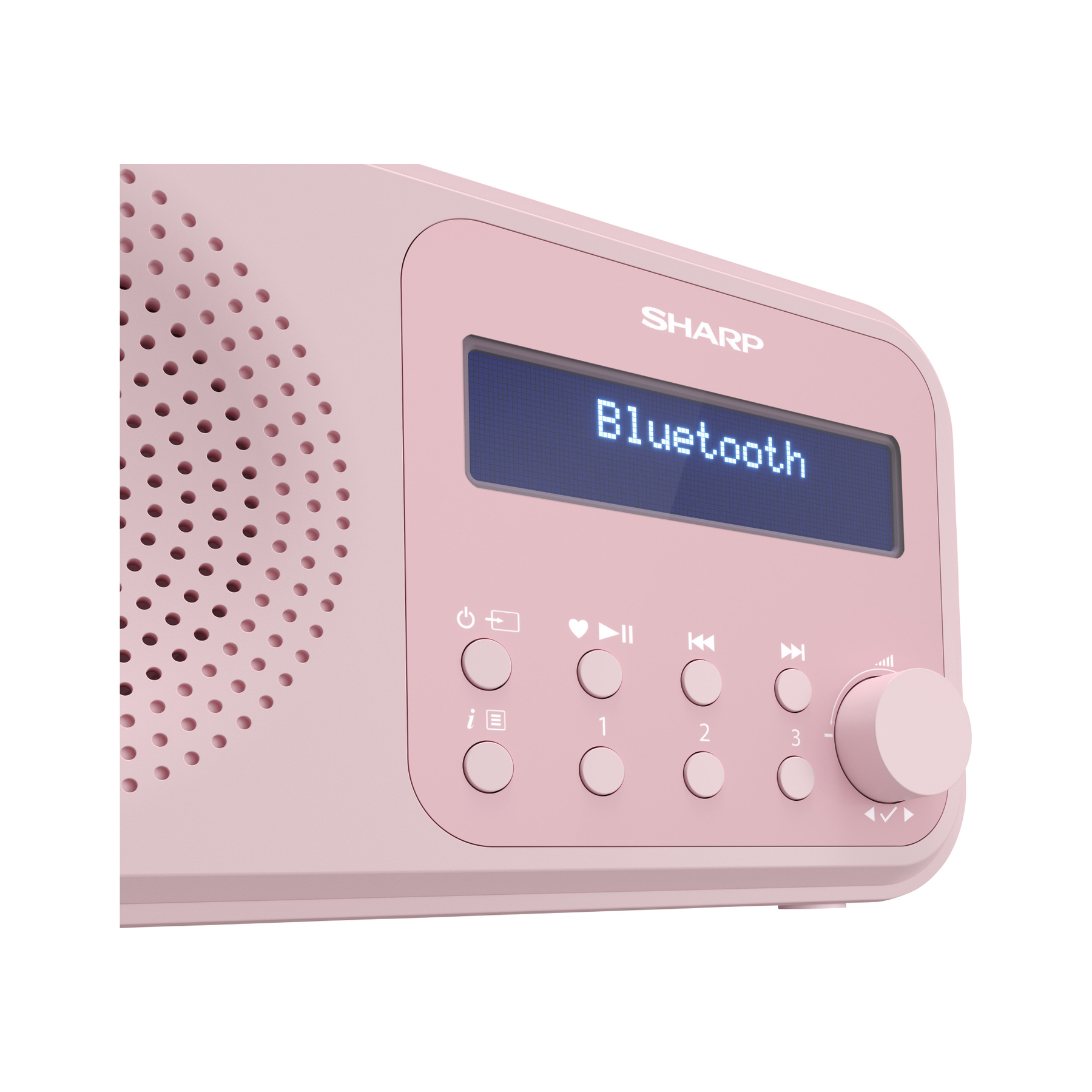 Une radio SHARP rose avec un écran Bluetooth et des boutons. Elle possède une grille de haut-parleur à gauche et un bouton de volume à droite.