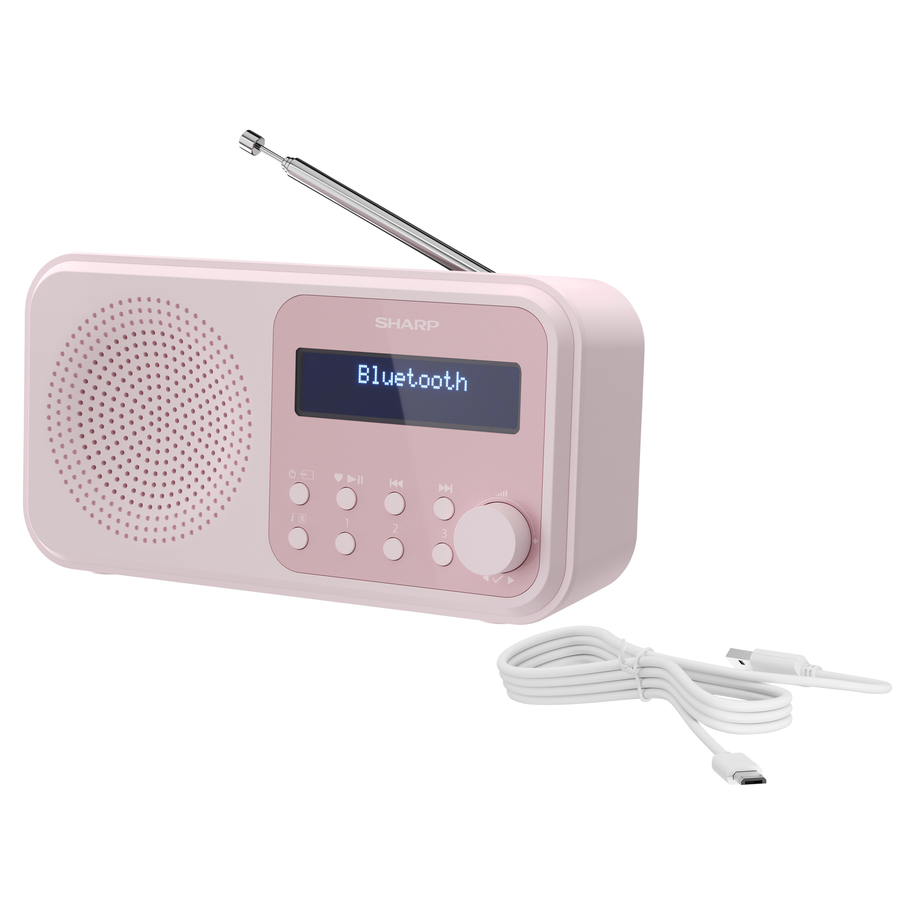 Radio Bluetooth rose Sharp avec antenne et câble blanc. L'écran affiche 'Bluetooth'. Boutons et bouton de volume visibles.
