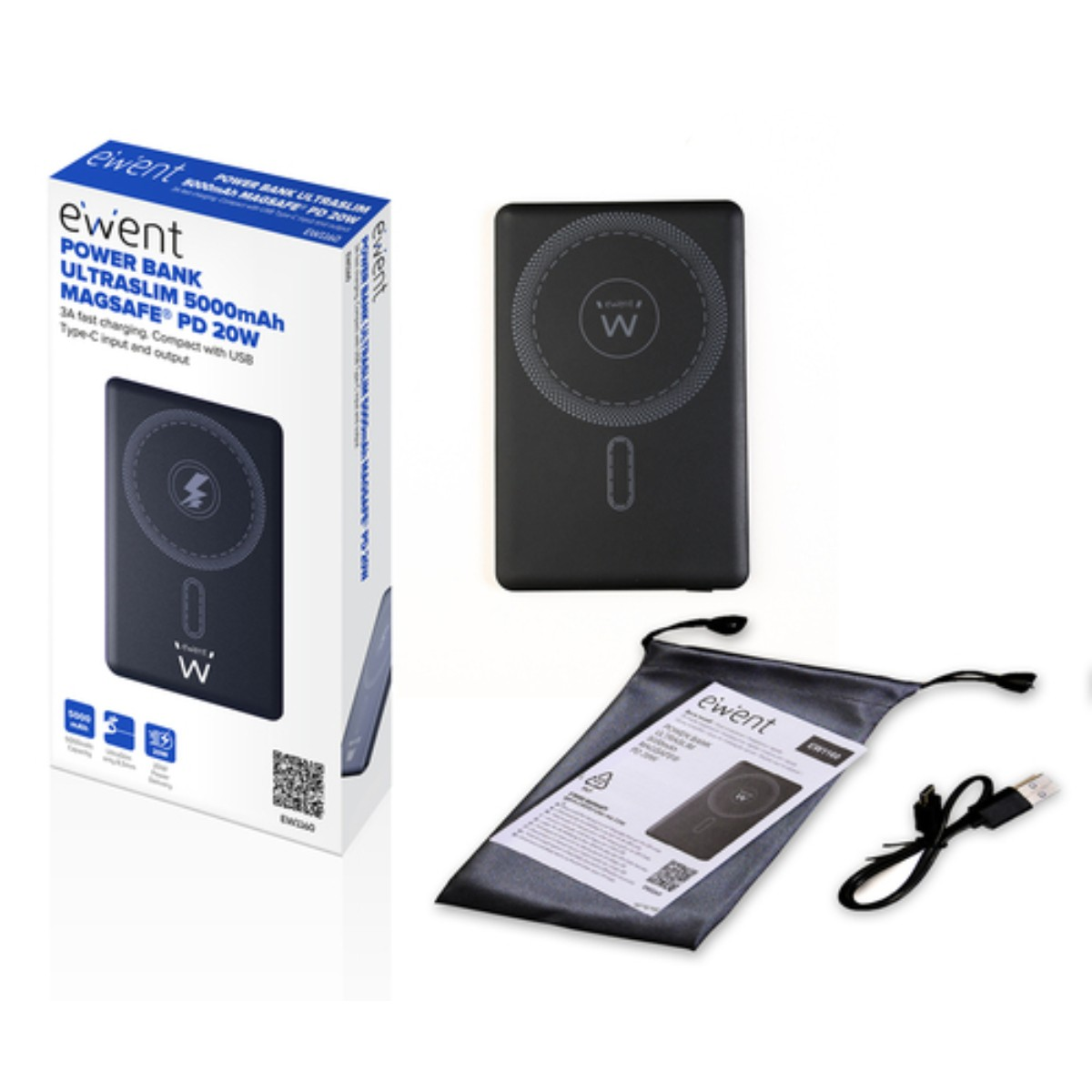 Ein ewent Powerbank-Set. Enthält die Powerbank in ihrer Box, lose, in einem Beutel und ein USB-Kabel. Alle Artikel sind schwarz.