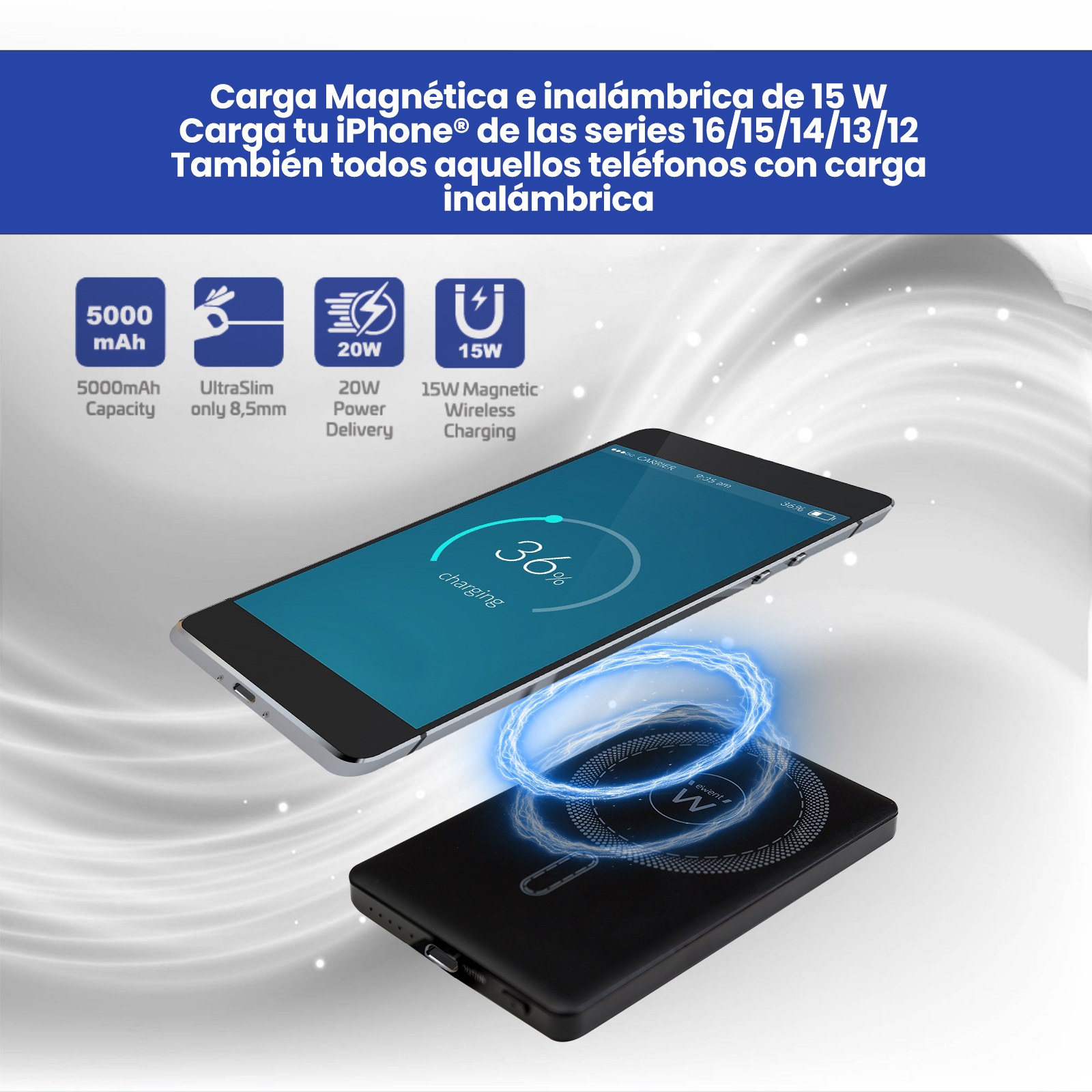 Telefon, das auf einem kabellosen Ladegerät geladen wird. Es zeigt 36% Akku mit blauem Licht. Text auf dem Ladegerät lautet 'ewent'.