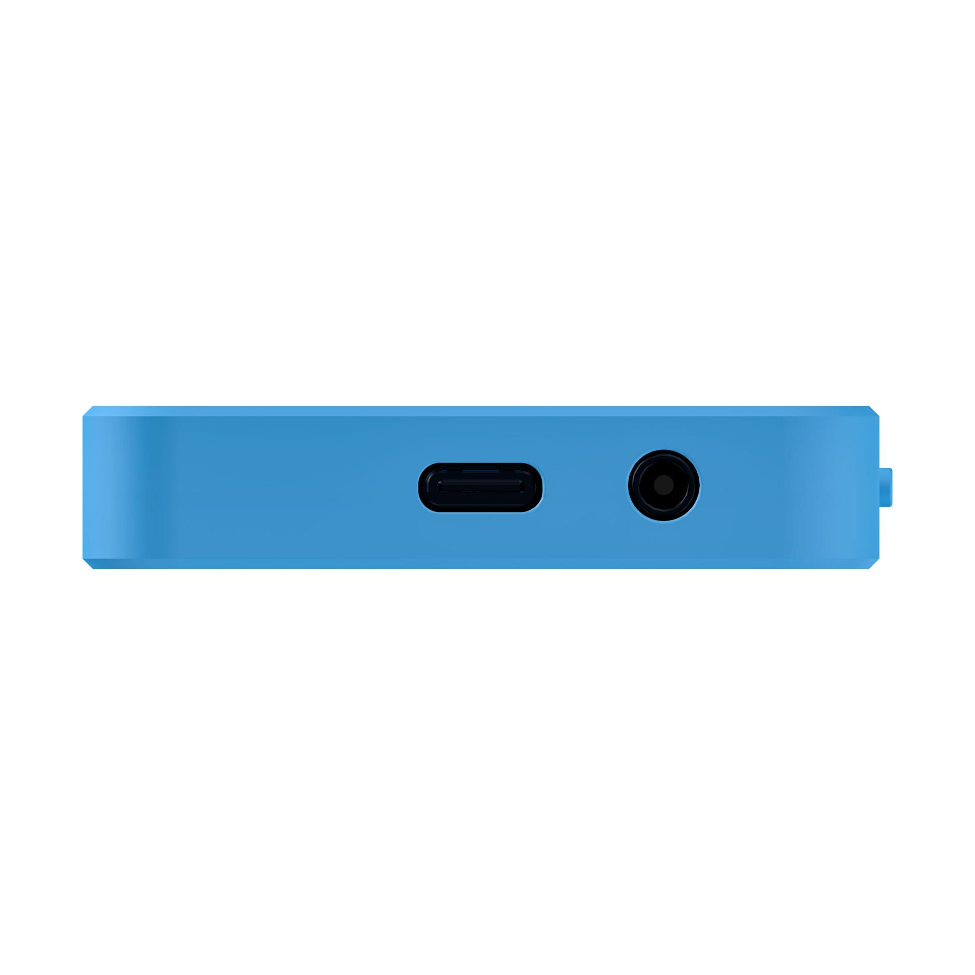 Jasnoniebieskie prostokątne urządzenie z portem USB-C, gniazdem słuchawkowym i małym przyciskiem.