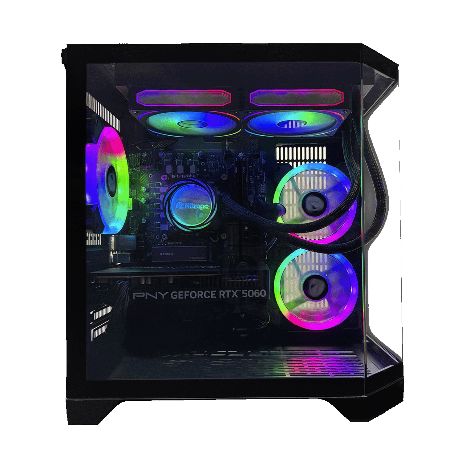 Czarna obudowa komputera ze szklanym panelem, prezentująca komponenty wewnętrzne jak GPU, wentylatory RGB i chłodzenie cieczą.
